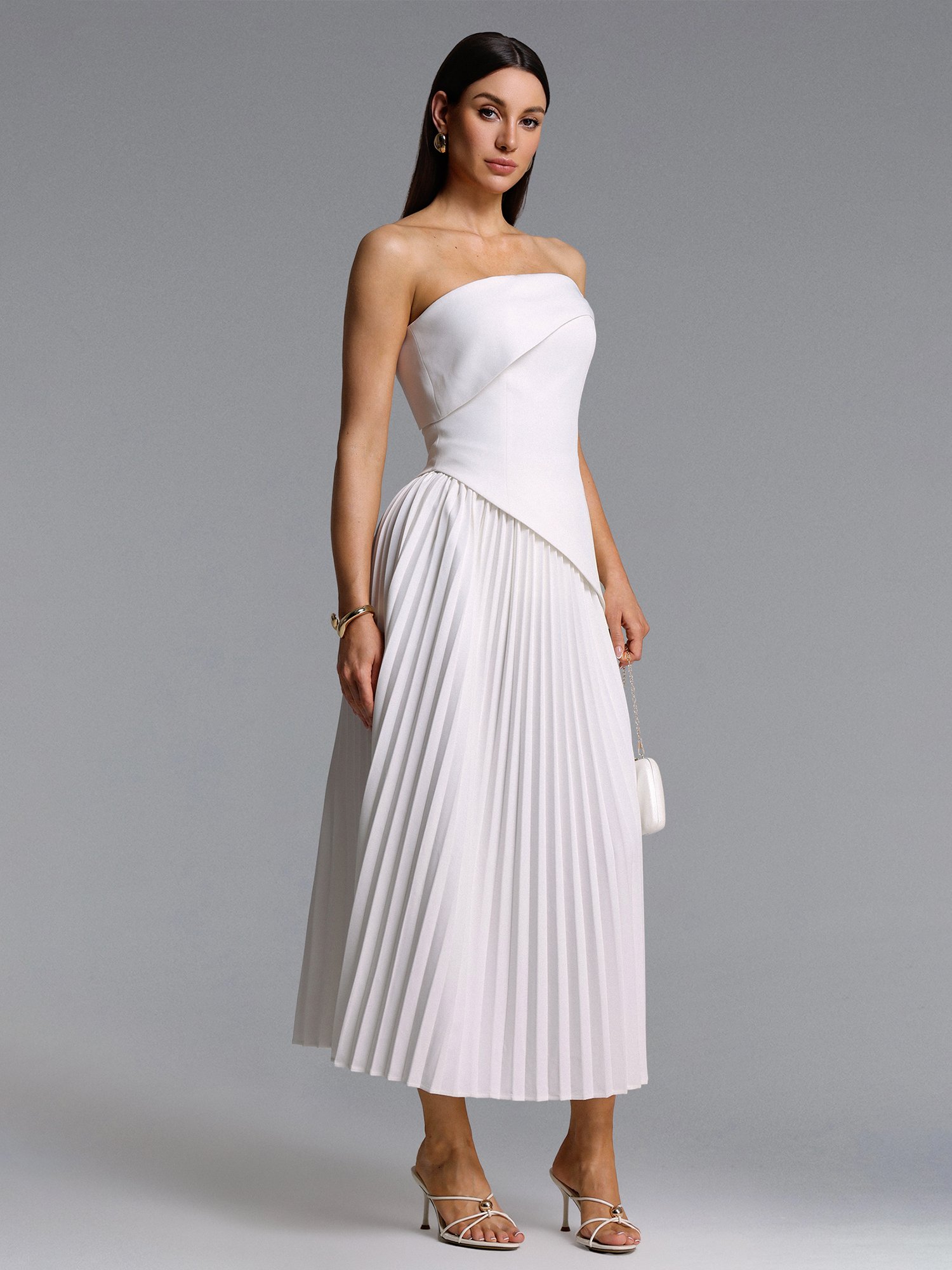 Vickee Elegant Tailored Off Shoulder Asymmetric Pleated Maxi Dress