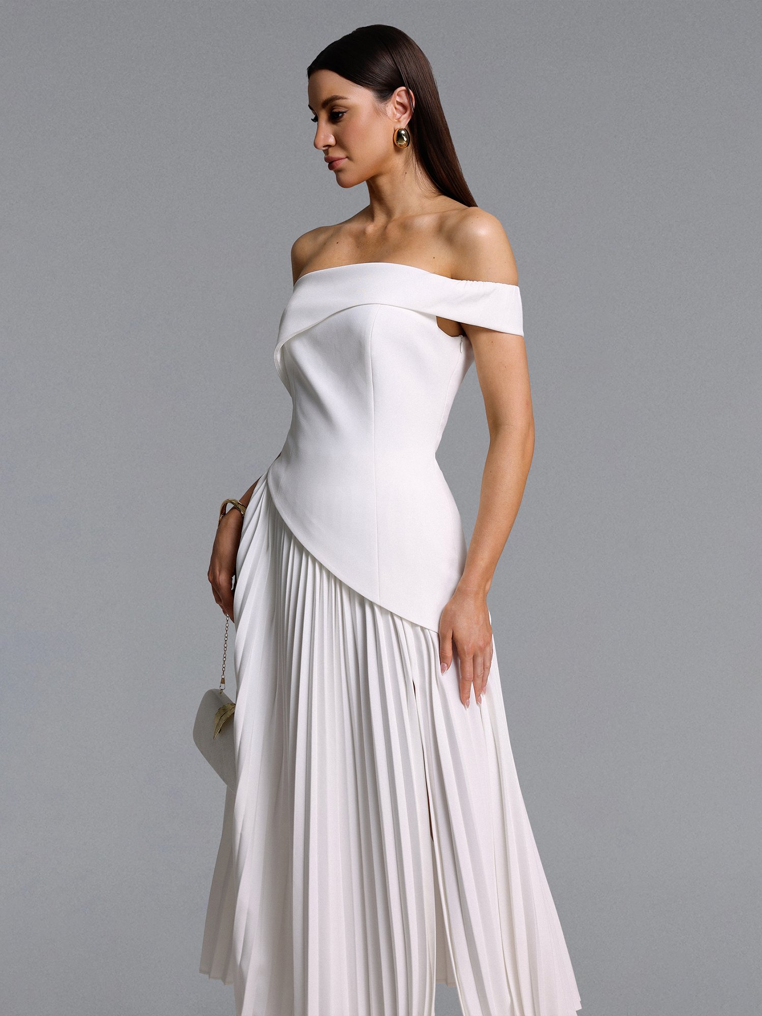 Vickee Elegant Tailored Off Shoulder Asymmetric Pleated Maxi Dress