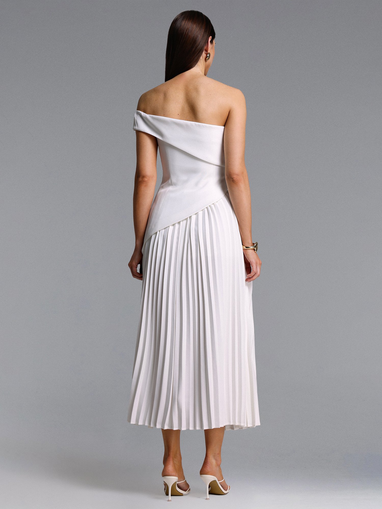 Vickee Elegant Tailored Off Shoulder Asymmetric Pleated Maxi Dress