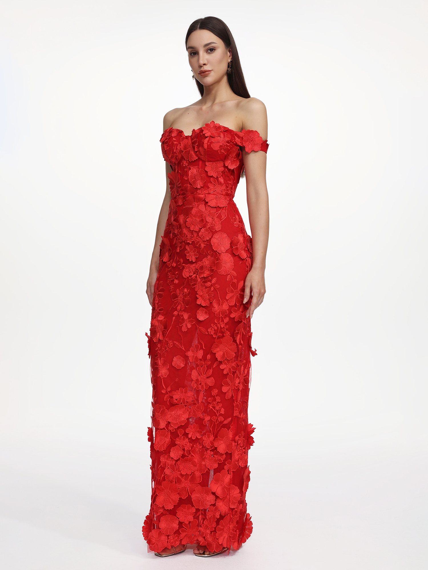 Off Shoulder Floral Embroidered Maxi Dress