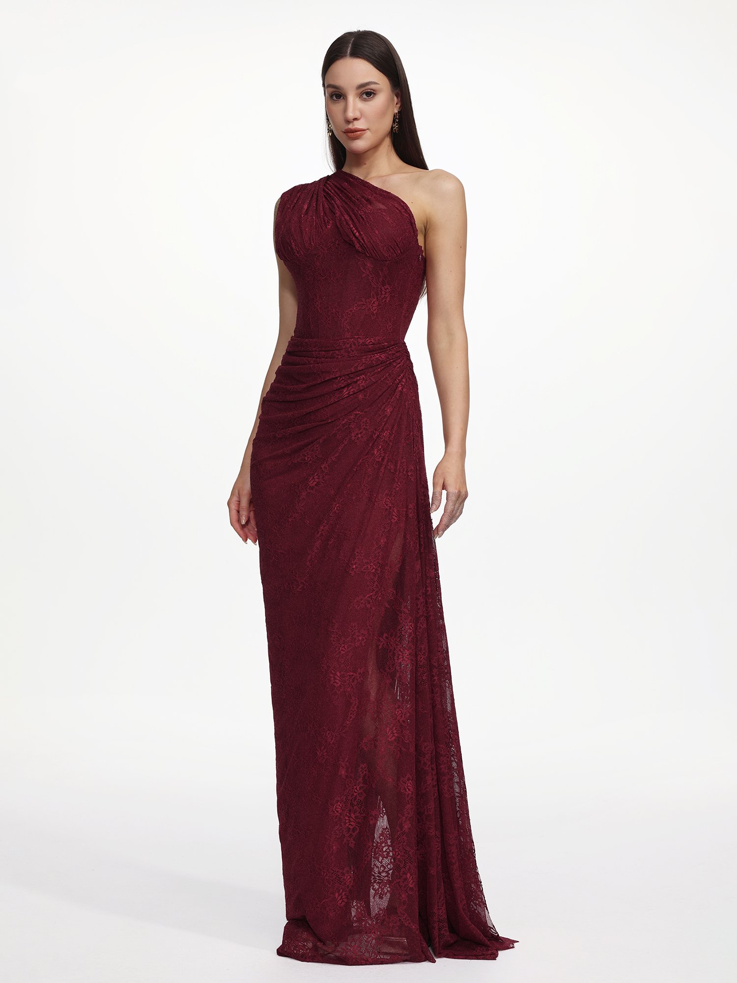 Finch Contour Sleeveless Ruched Lace Knit Maxi Dress