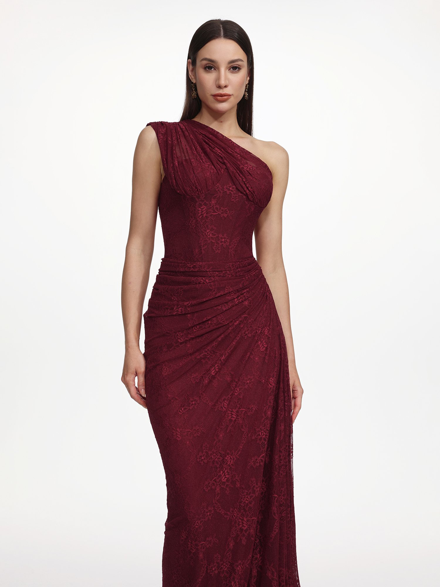 Finch Contour Sleeveless Ruched Lace Knit Maxi Dress
