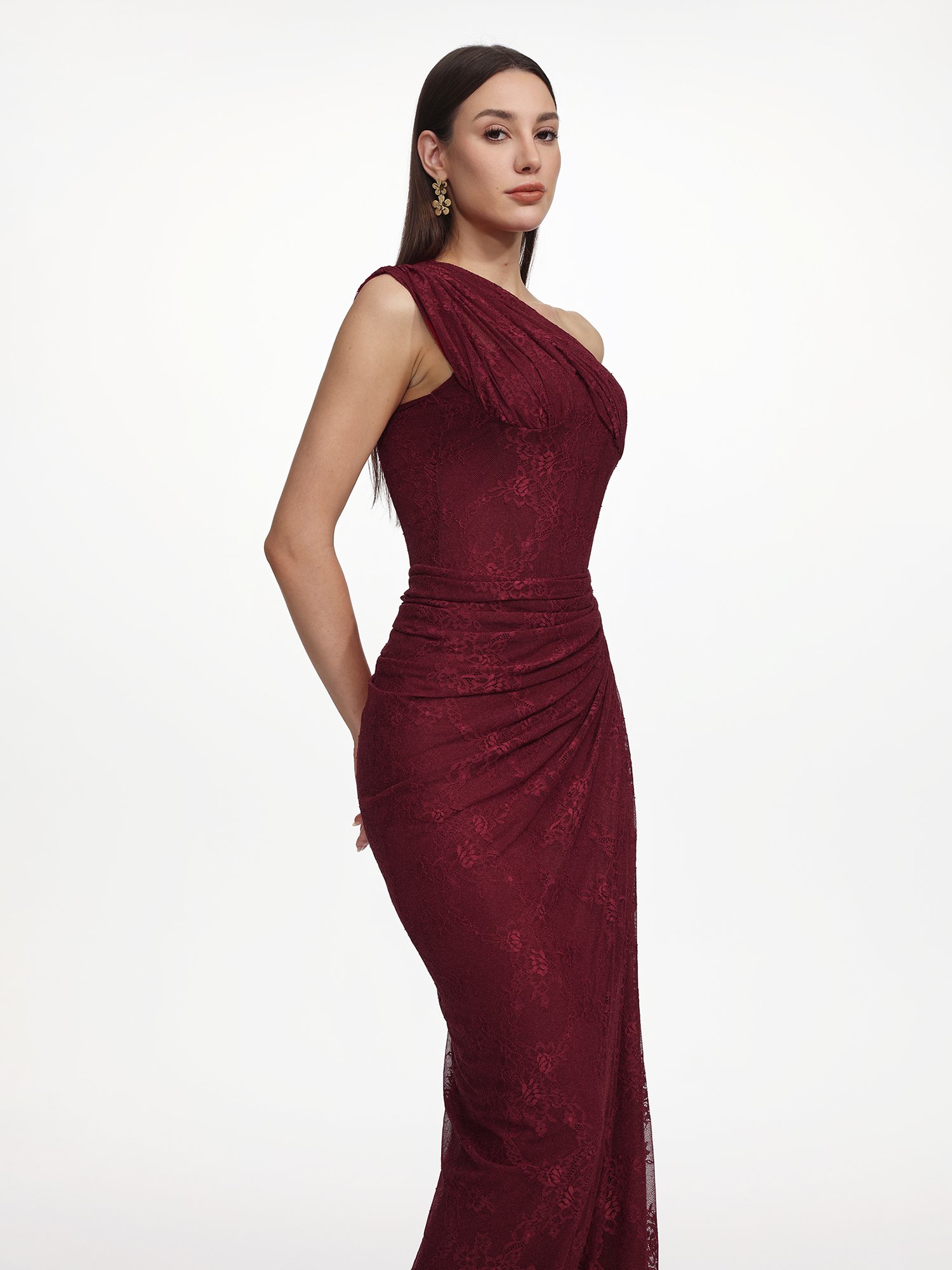 Finch Contour Sleeveless Ruched Lace Knit Maxi Dress