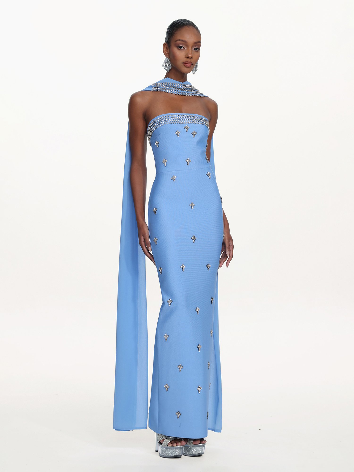 Marina Contour Strapless Rhinestone Bandage Maxi Dress