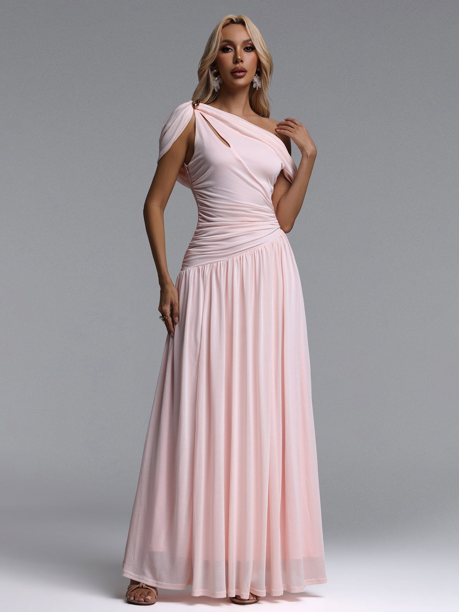 Salina Contour Sleeveless Asymmetric Cut Out Ruched Knit Maxi Dress