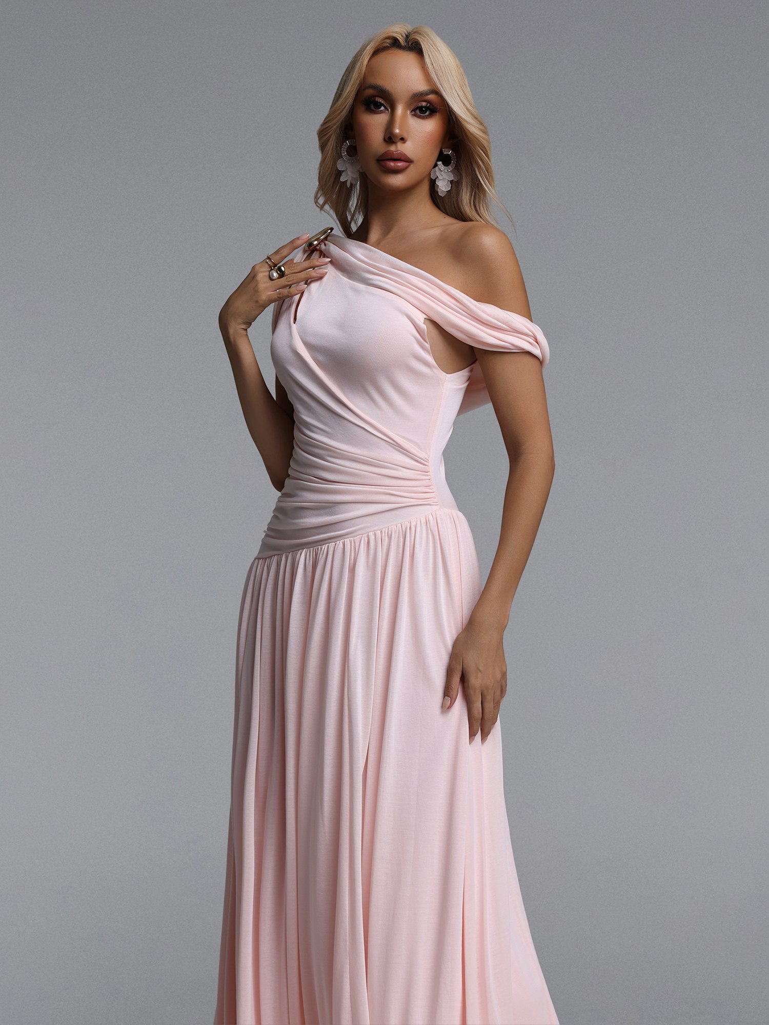 Salina Contour Sleeveless Asymmetric Cut Out Ruched Knit Maxi Dress