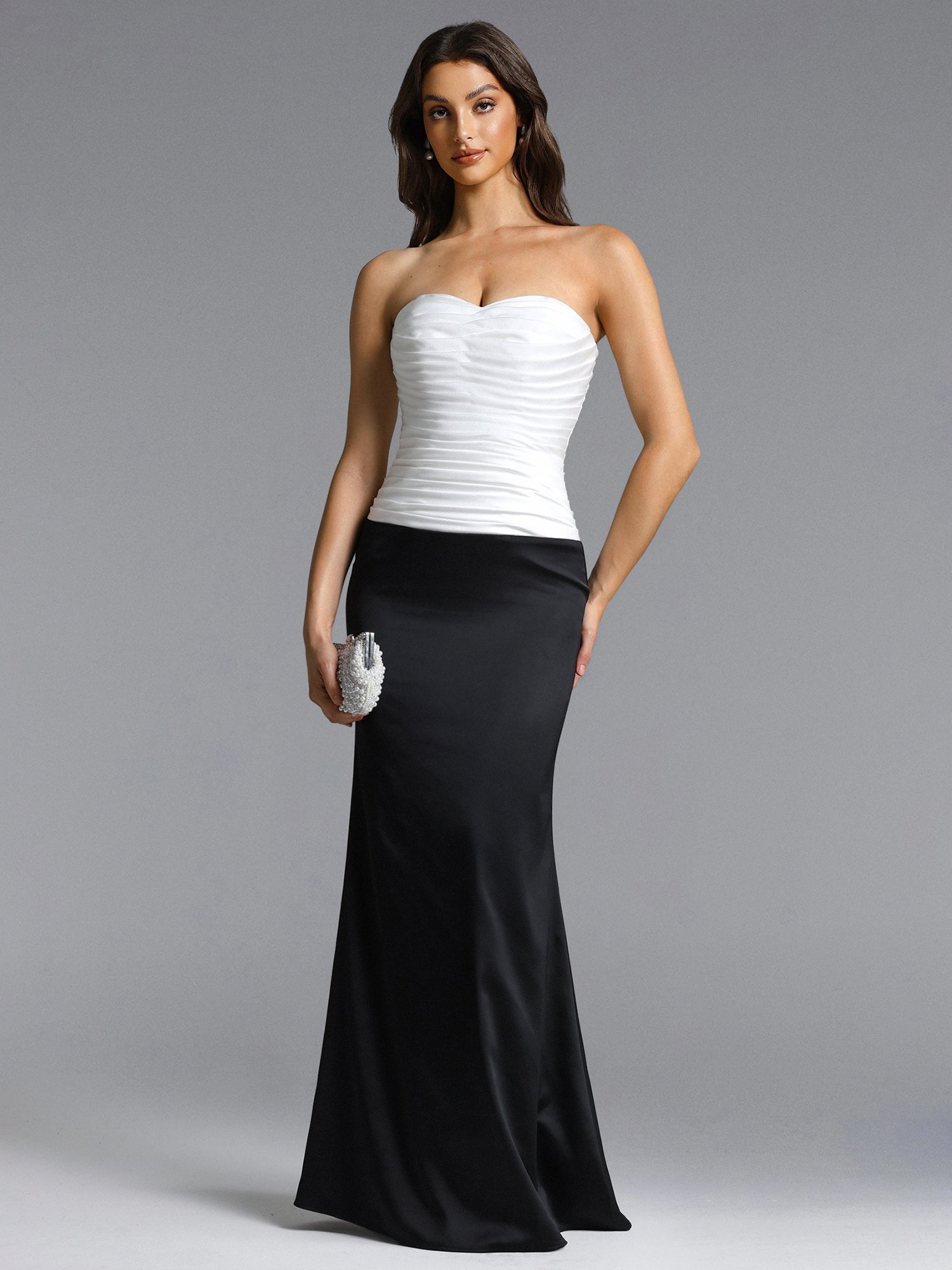Diona Contour Strapless Pleated Contrast Satin Maxi Dress