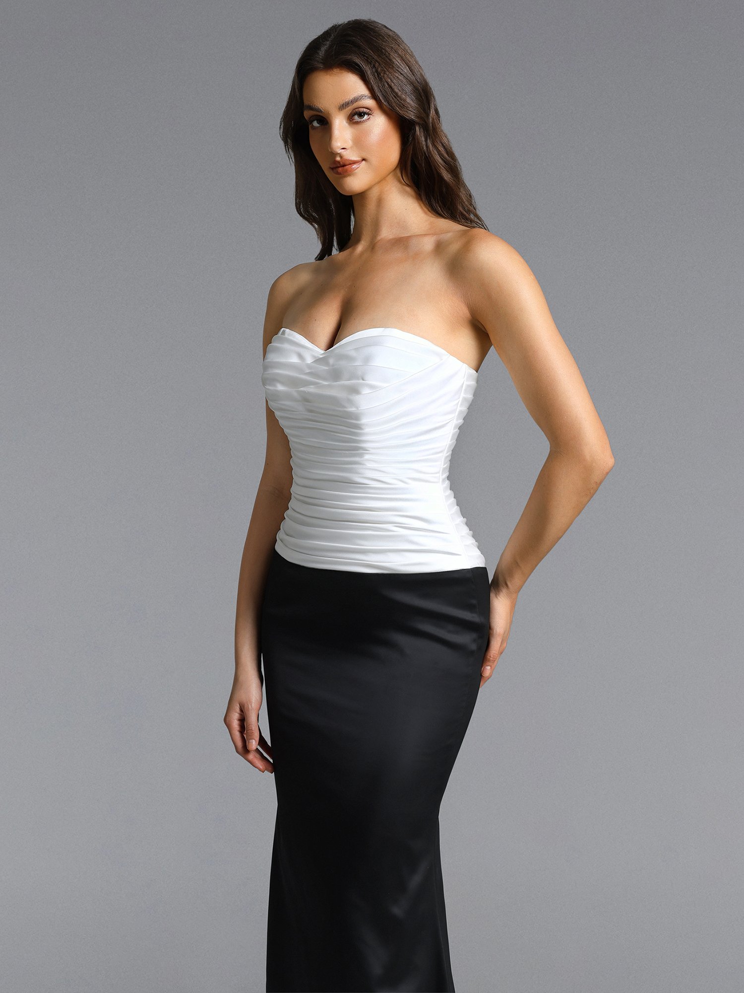 Diona Contour Strapless Pleated Contrast Satin Maxi Dress