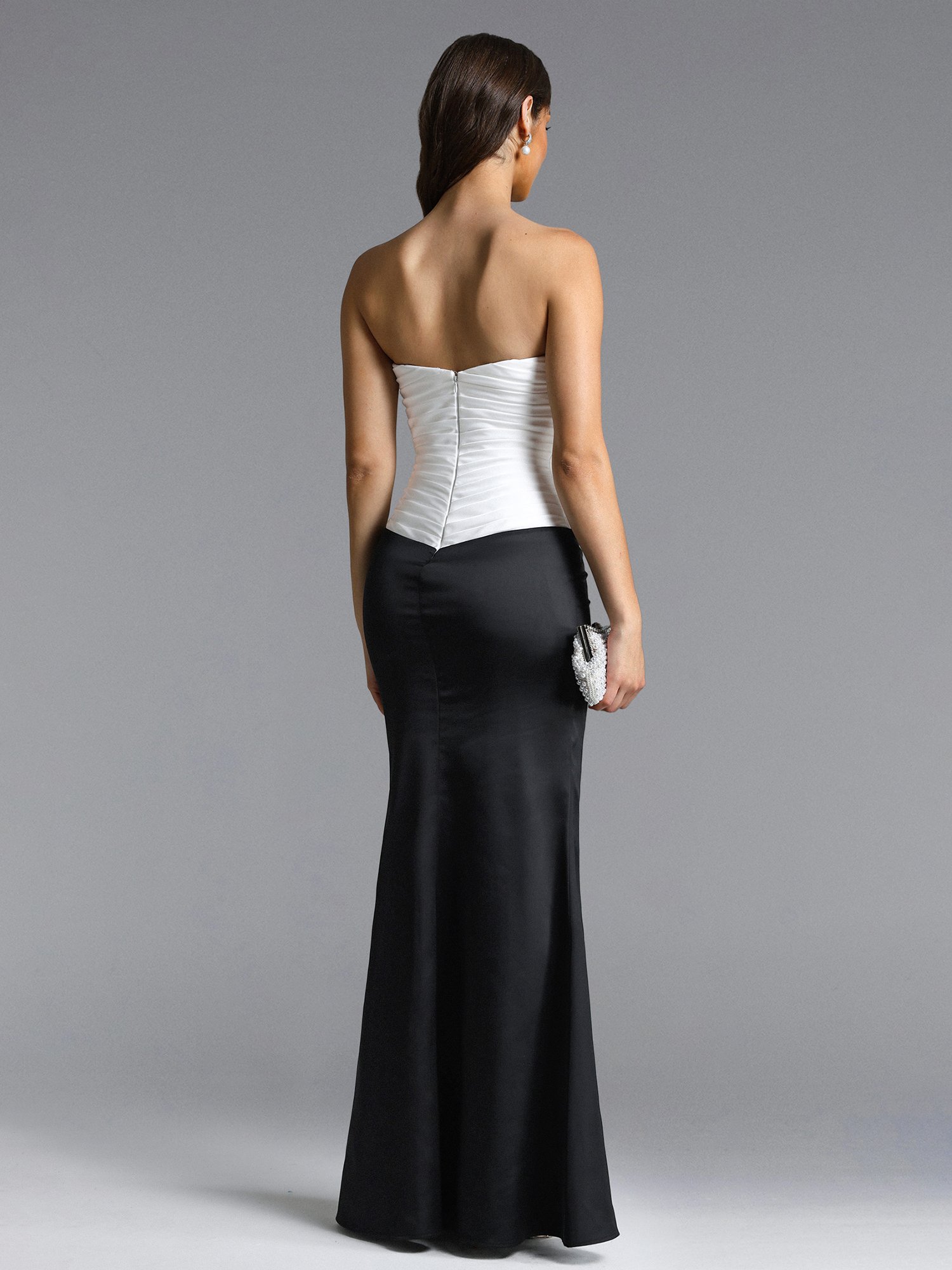 Diona Contour Strapless Pleated Contrast Satin Maxi Dress