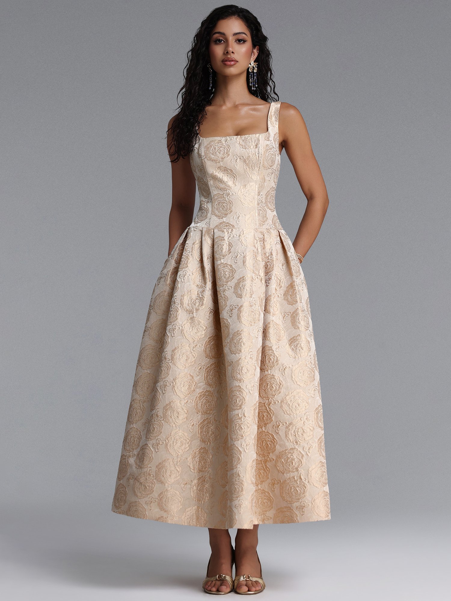 Rahel Square Neck Floral Jacquard Maxi Dress