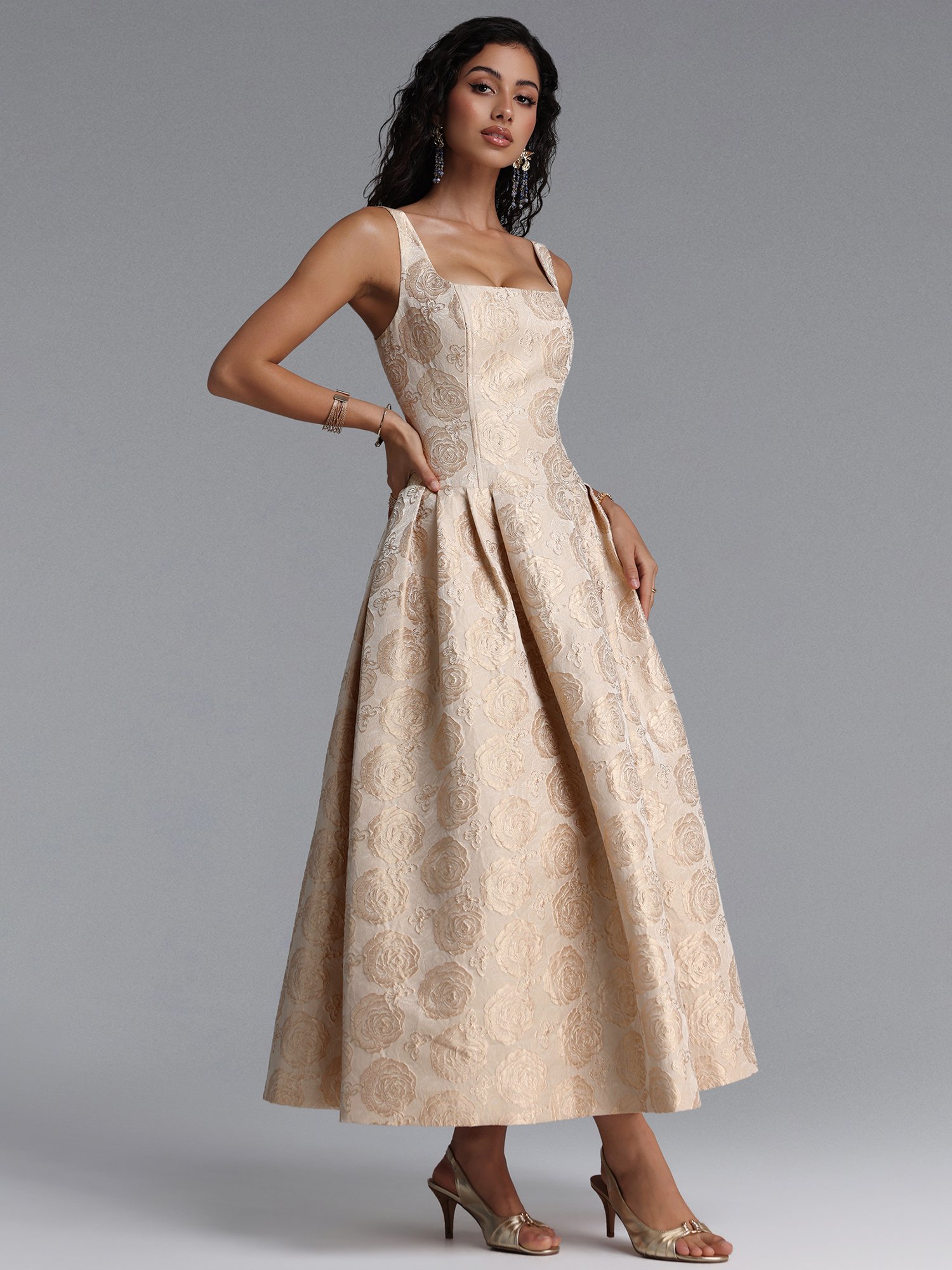 Rahel Square Neck Floral Jacquard Maxi Dress
