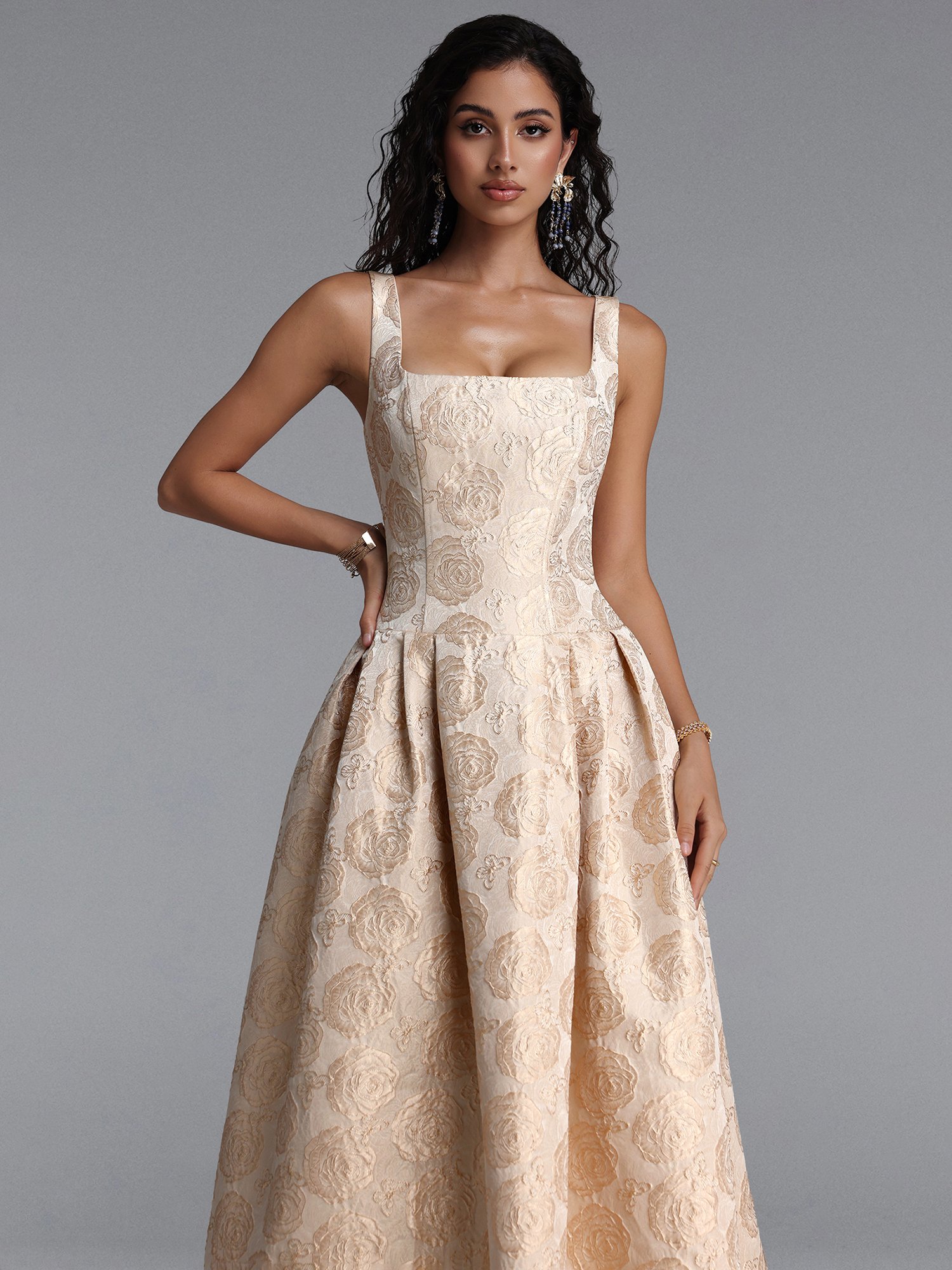 Rahel Square Neck Floral Jacquard Maxi Dress