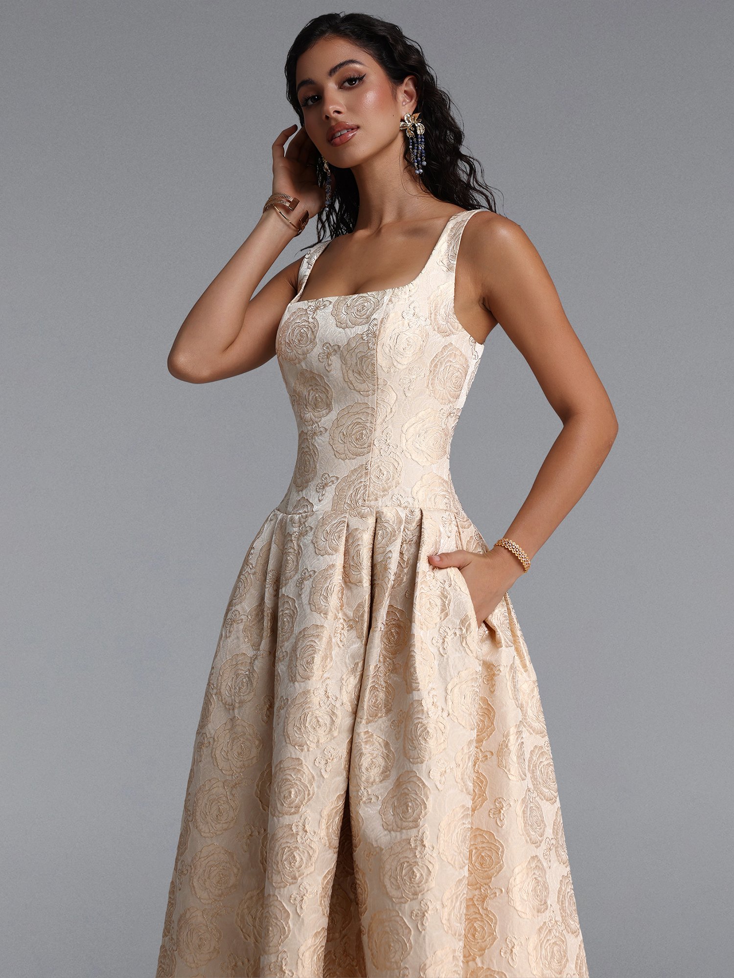Rahel Square Neck Floral Jacquard Maxi Dress