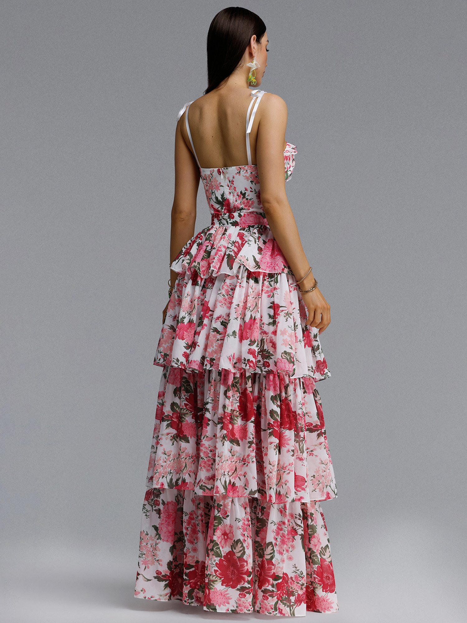 Halter Cut Out Floral Print Ruffle Pink Maxi Dress