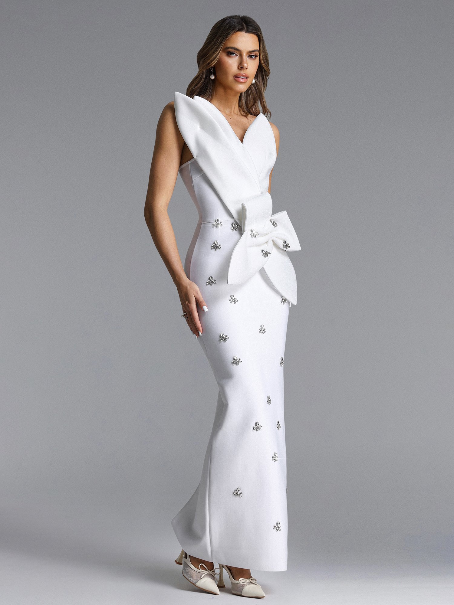Ohney Strapless Asymmetric Rhinestone Maxi Dress