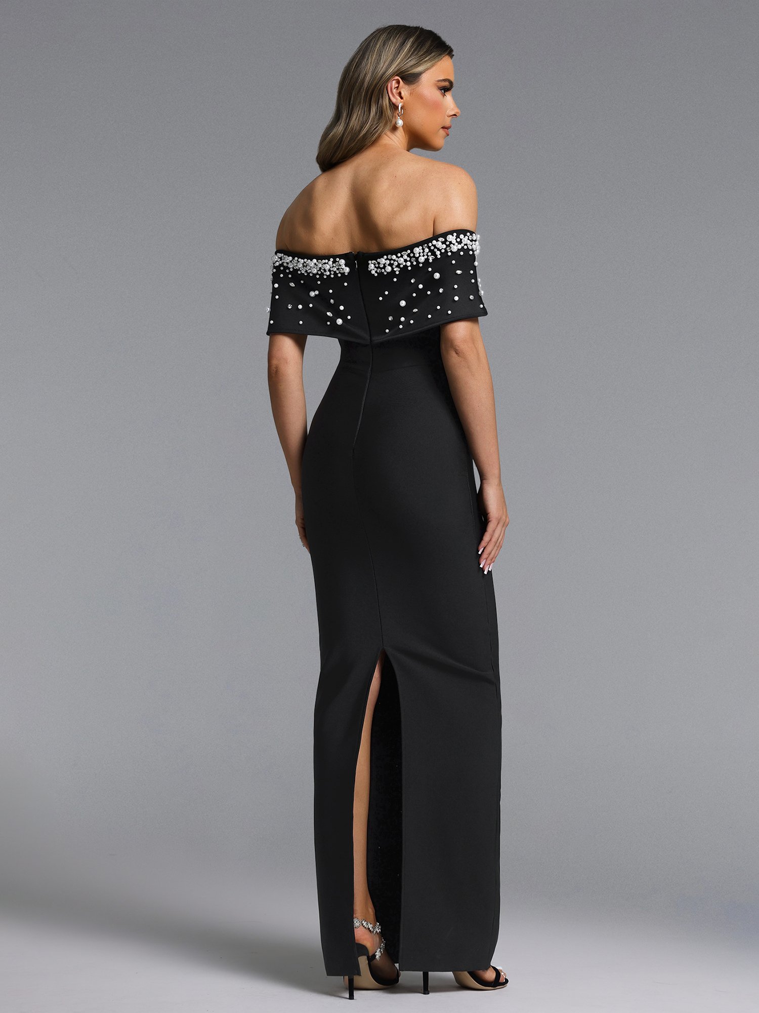 Black Pearl Embellished Bodycon Maxi Dress