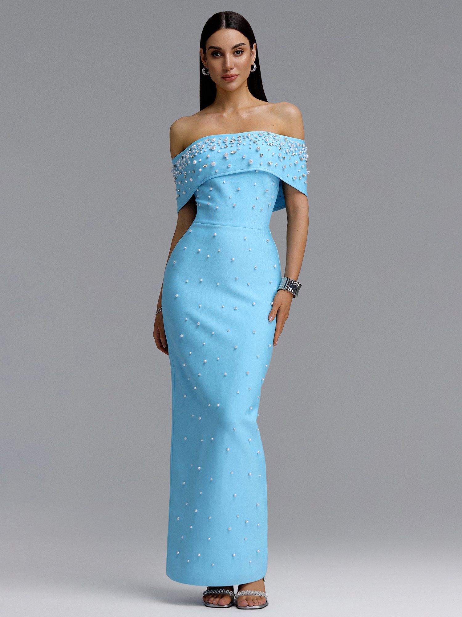 Isme Contour Off Shoulder Pearl Rhinestone Bandage Blue Maxi Dress