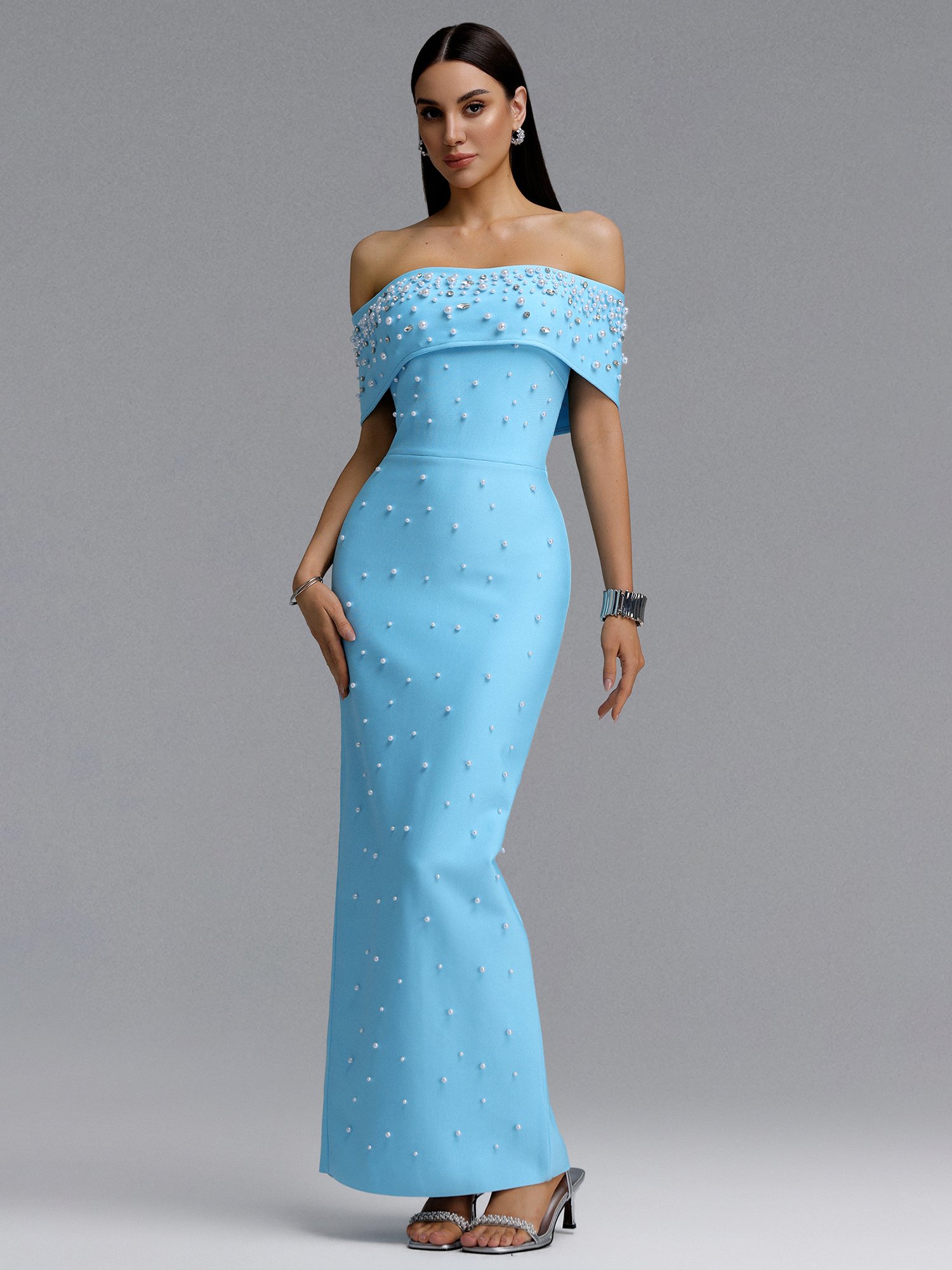 Isme Contour Off Shoulder Pearl Rhinestone Bandage Blue Maxi Dress