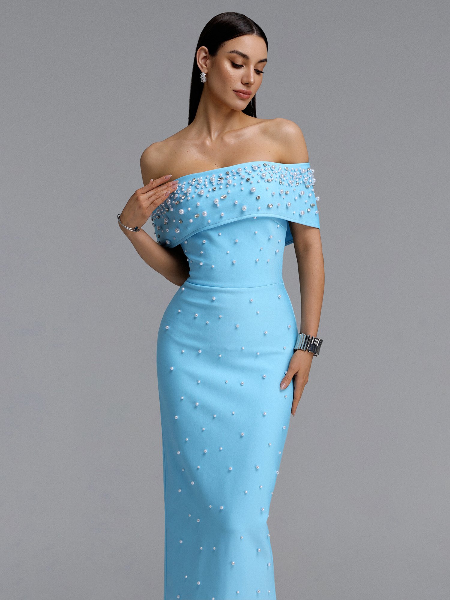 Isme Contour Off Shoulder Pearl Rhinestone Bandage Blue Maxi Dress