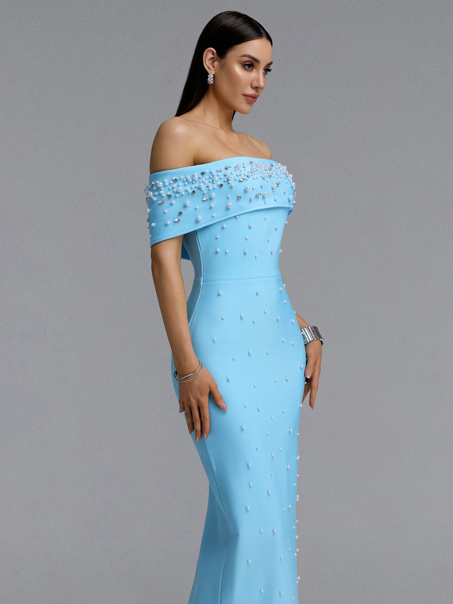Isme Contour Off Shoulder Pearl Rhinestone Bandage Blue Maxi Dress