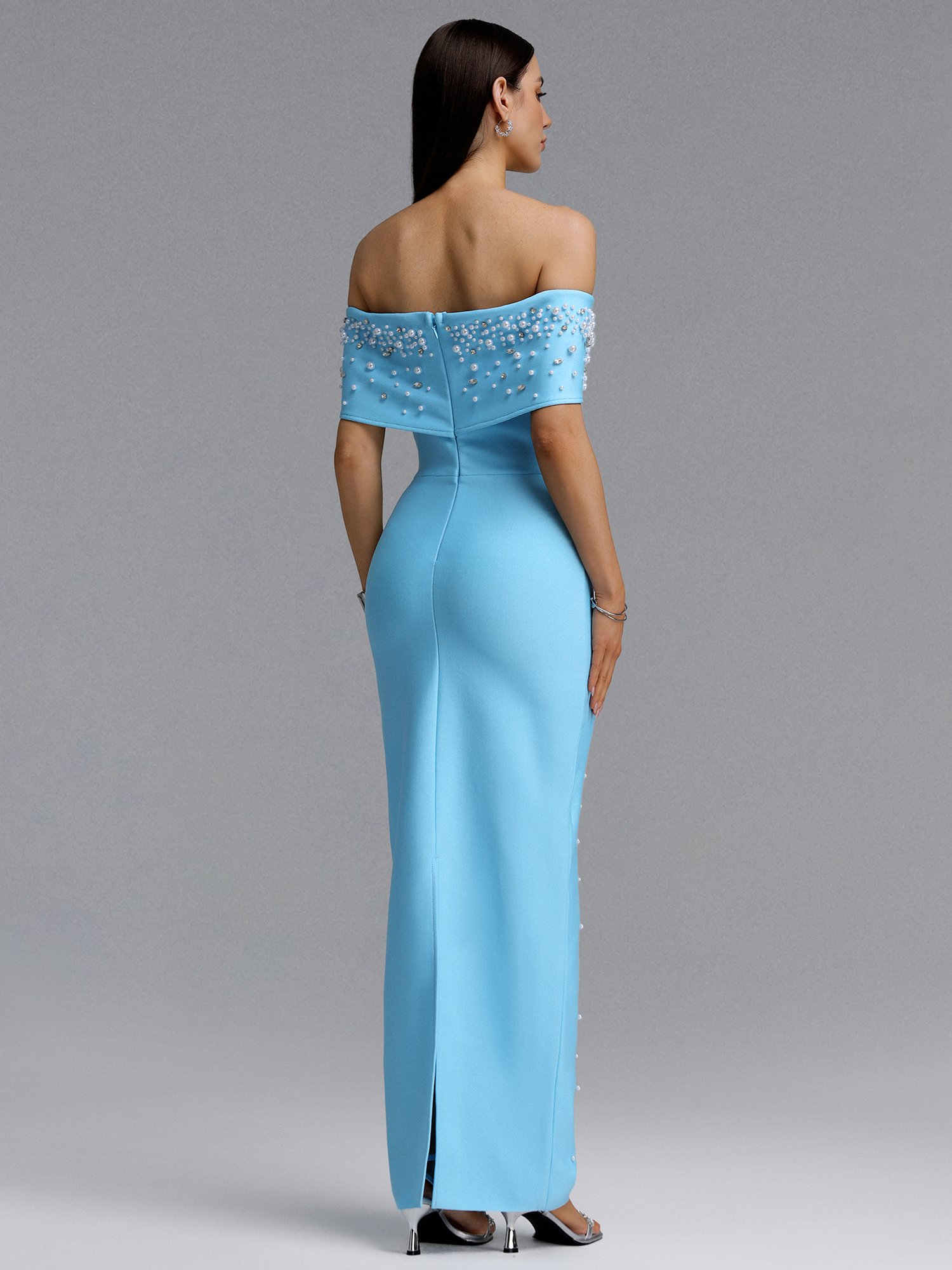 Isme Contour Off Shoulder Pearl Rhinestone Bandage Blue Maxi Dress