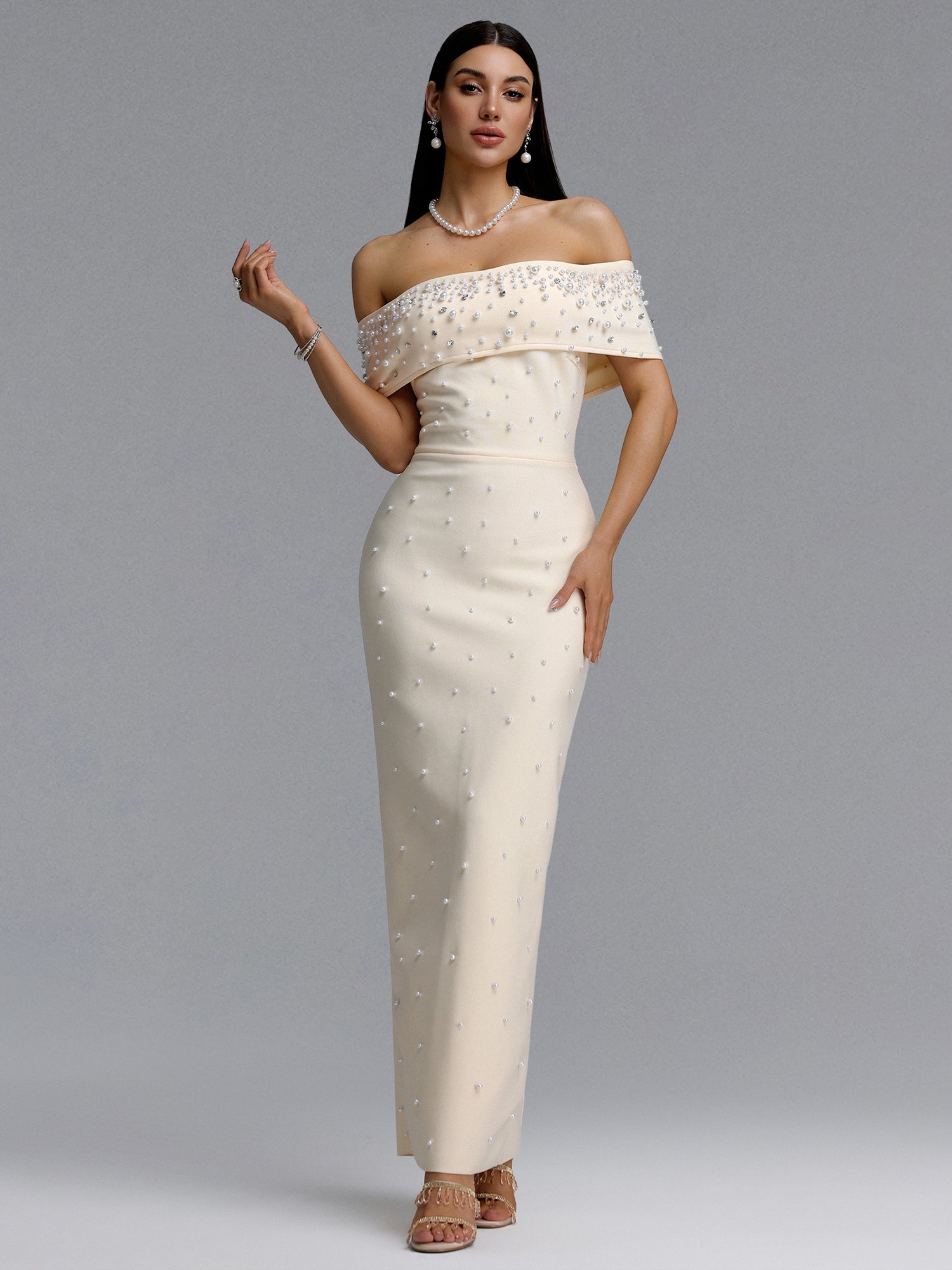 Isme Contour Off Shoulder Pearl Rhinestone Bandage Light Beige Maxi Dress