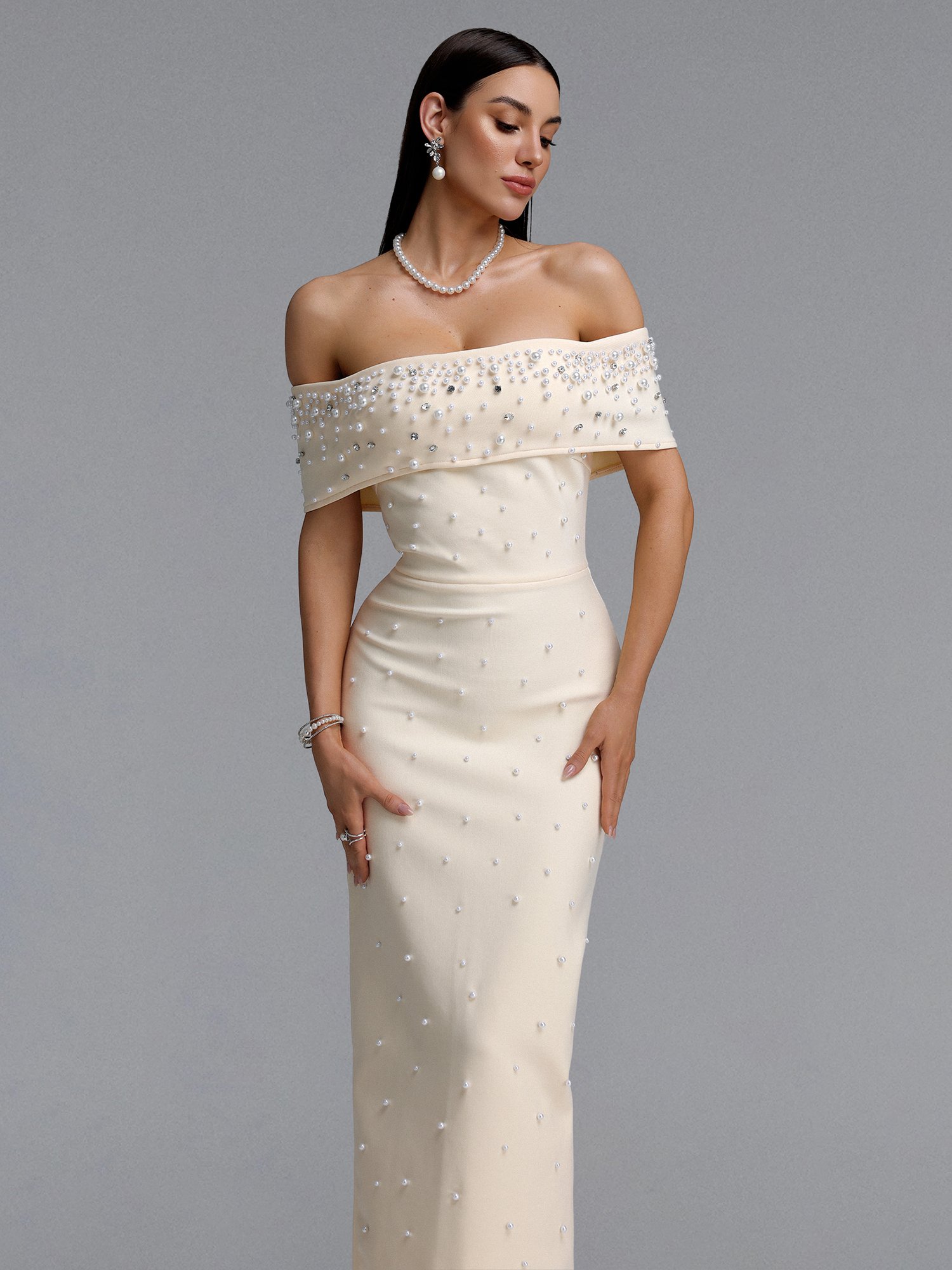 Isme Contour Off Shoulder Pearl Rhinestone Bandage Light Beige Maxi Dress