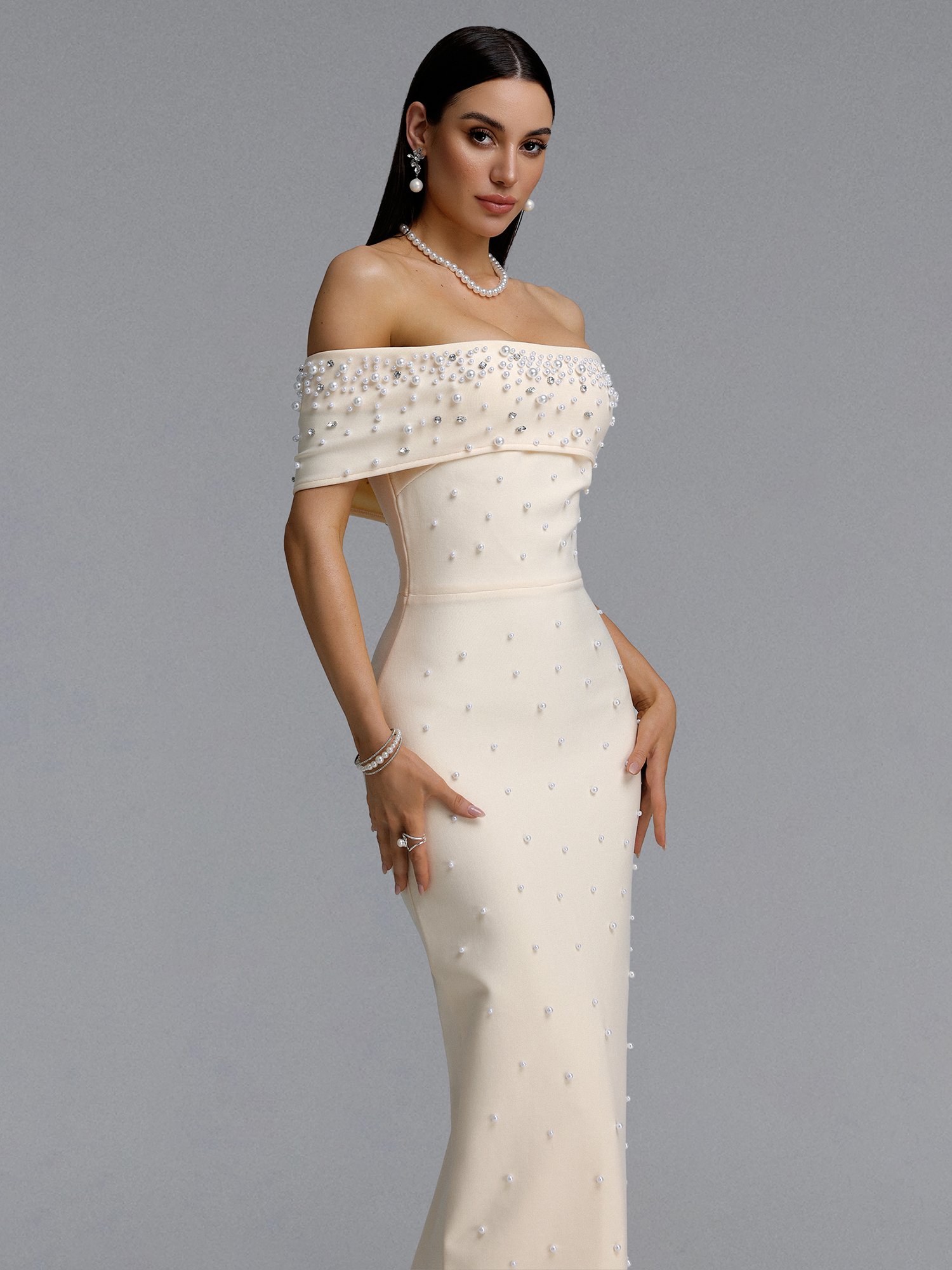 Isme Contour Off Shoulder Pearl Rhinestone Bandage Light Beige Maxi Dress