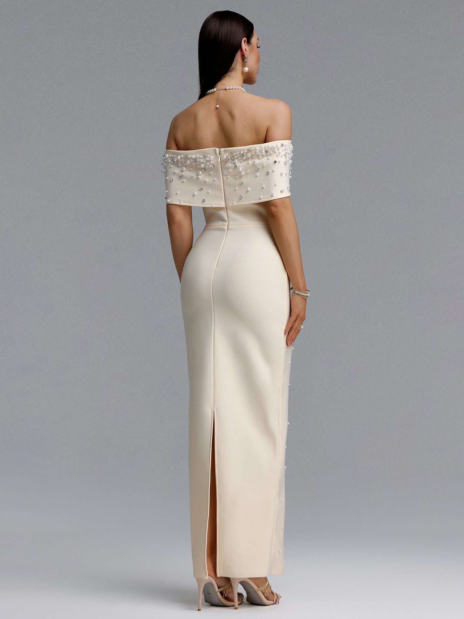Isme Contour Off Shoulder Pearl Rhinestone Bandage Light Beige Maxi Dress