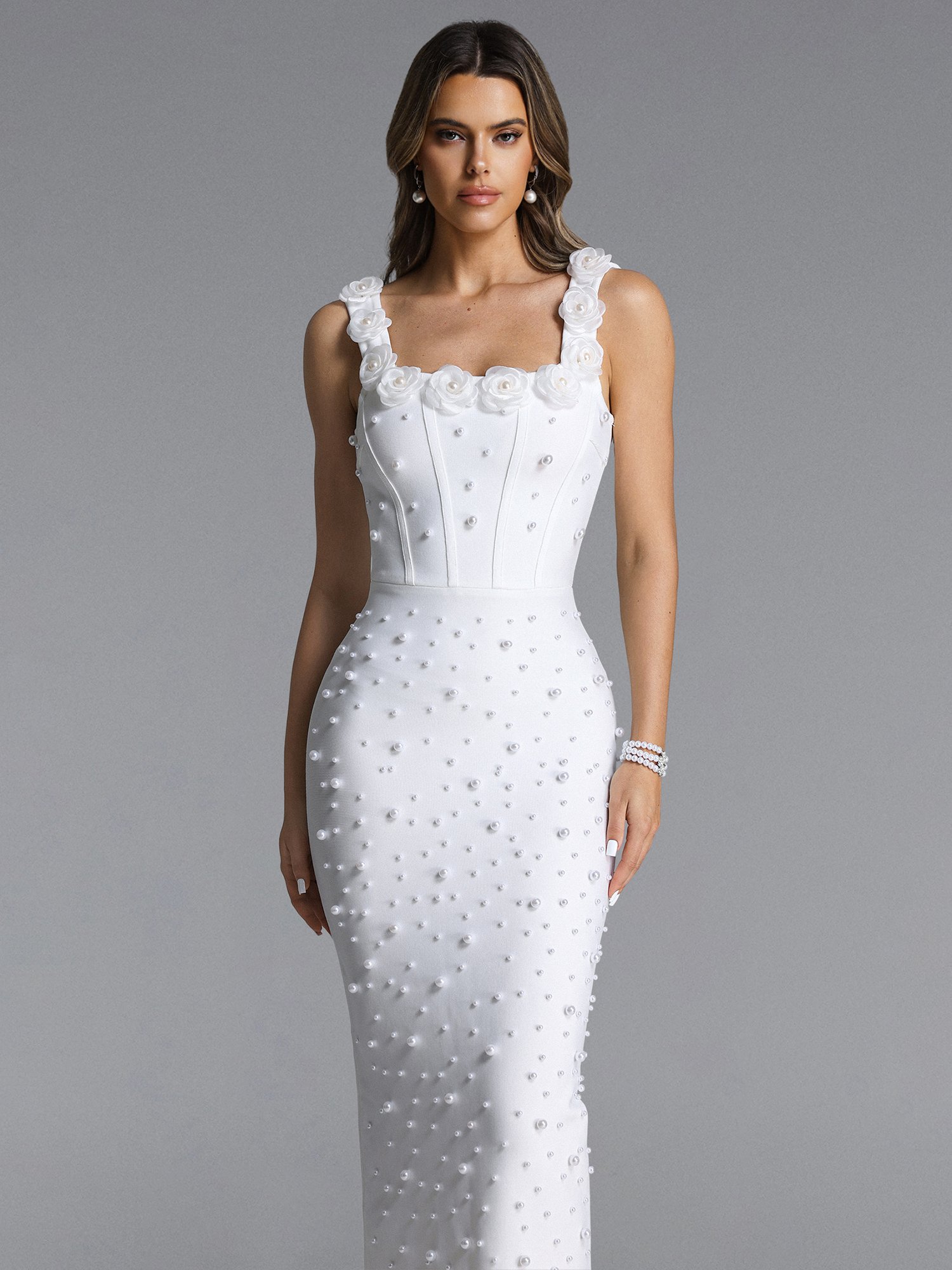 Shea Contour Square Neck Floral Pearl Bandage Maxi Dress