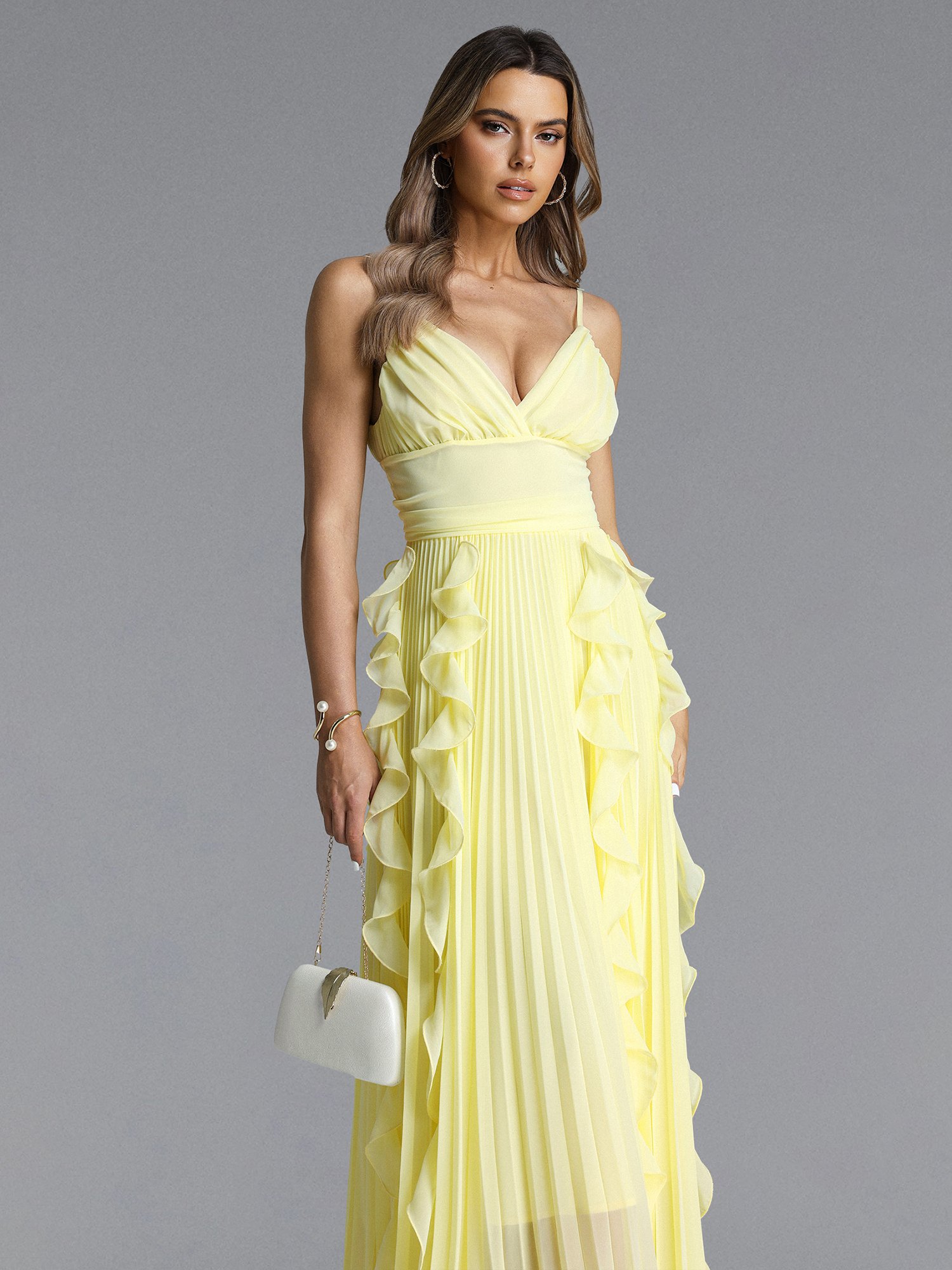 Viky Sleeveless Pleated Ruffle Maxi Dress
