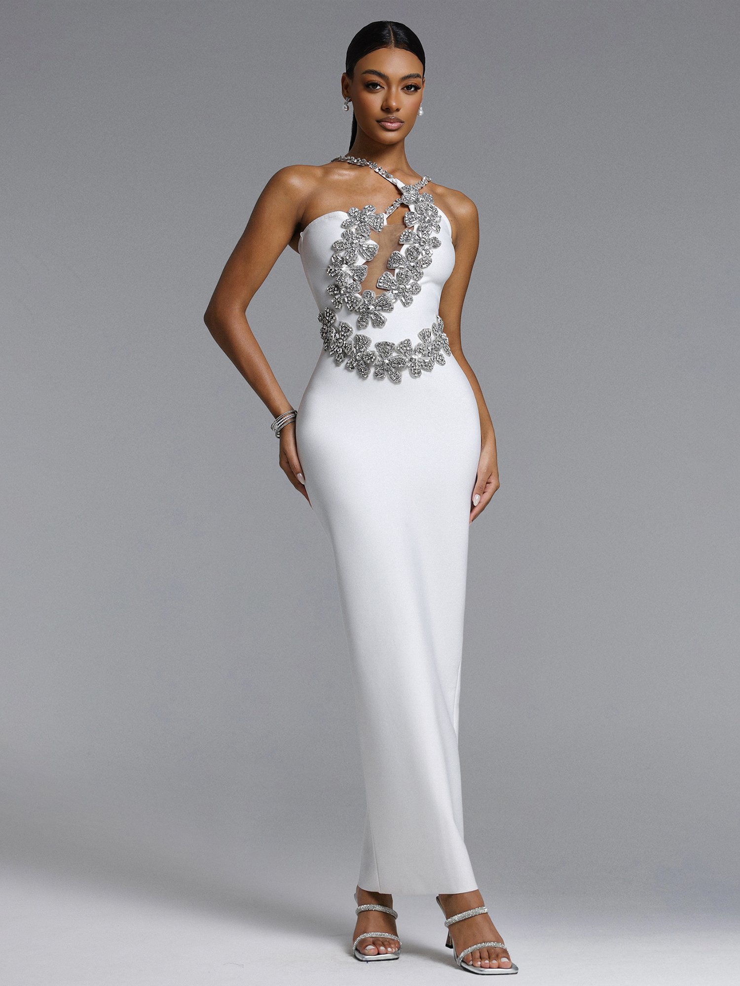 Veronic Contour Halter Cut Out Rhinestone Floral Bandage Maxi Dress