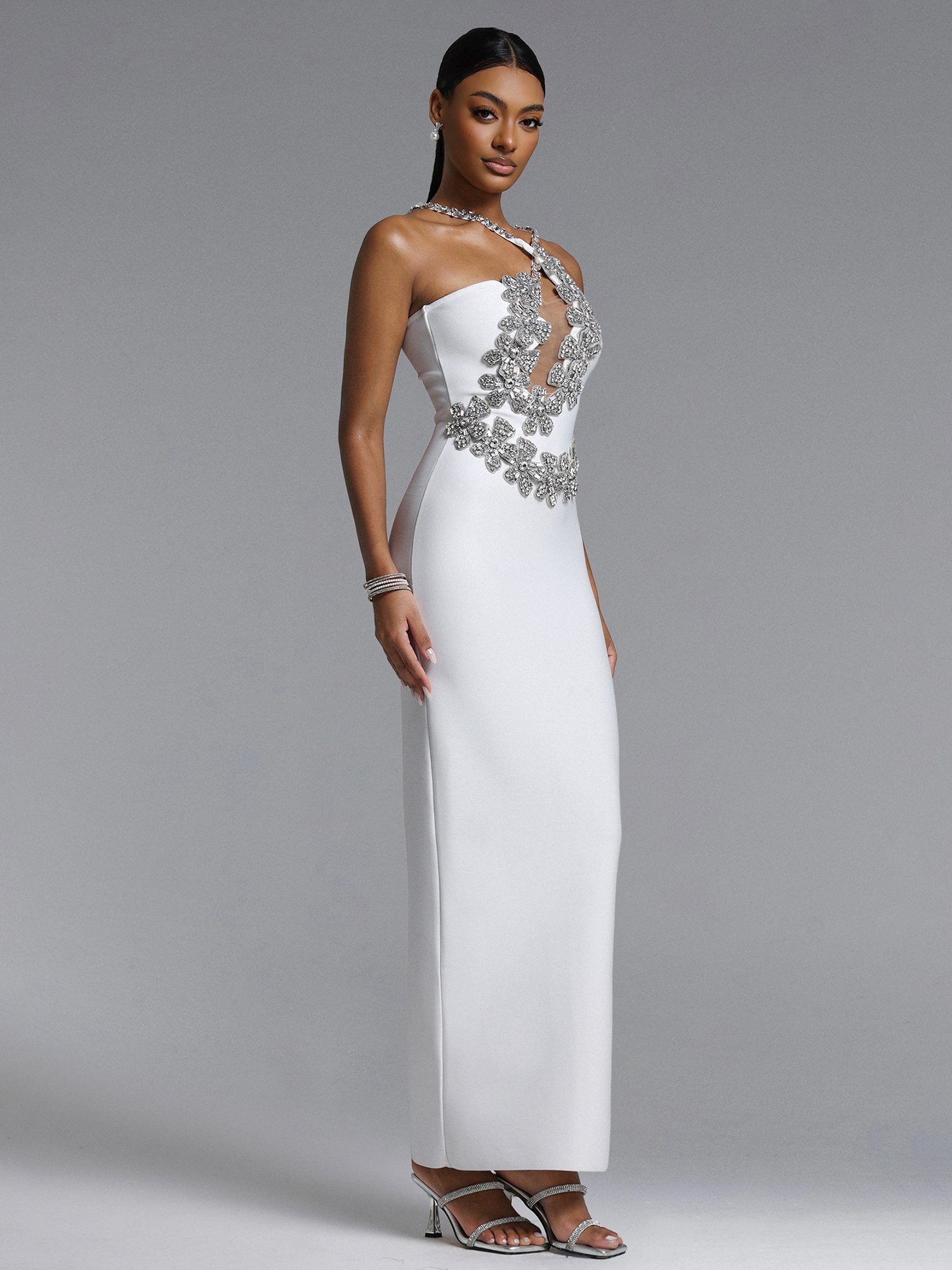 Veronic Contour Halter Cut Out Rhinestone Floral Bandage Maxi Dress
