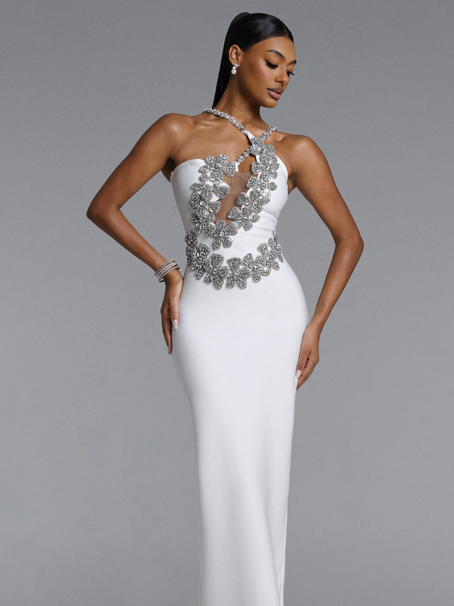 Veronic Contour Halter Cut Out Rhinestone Floral Bandage Maxi Dress