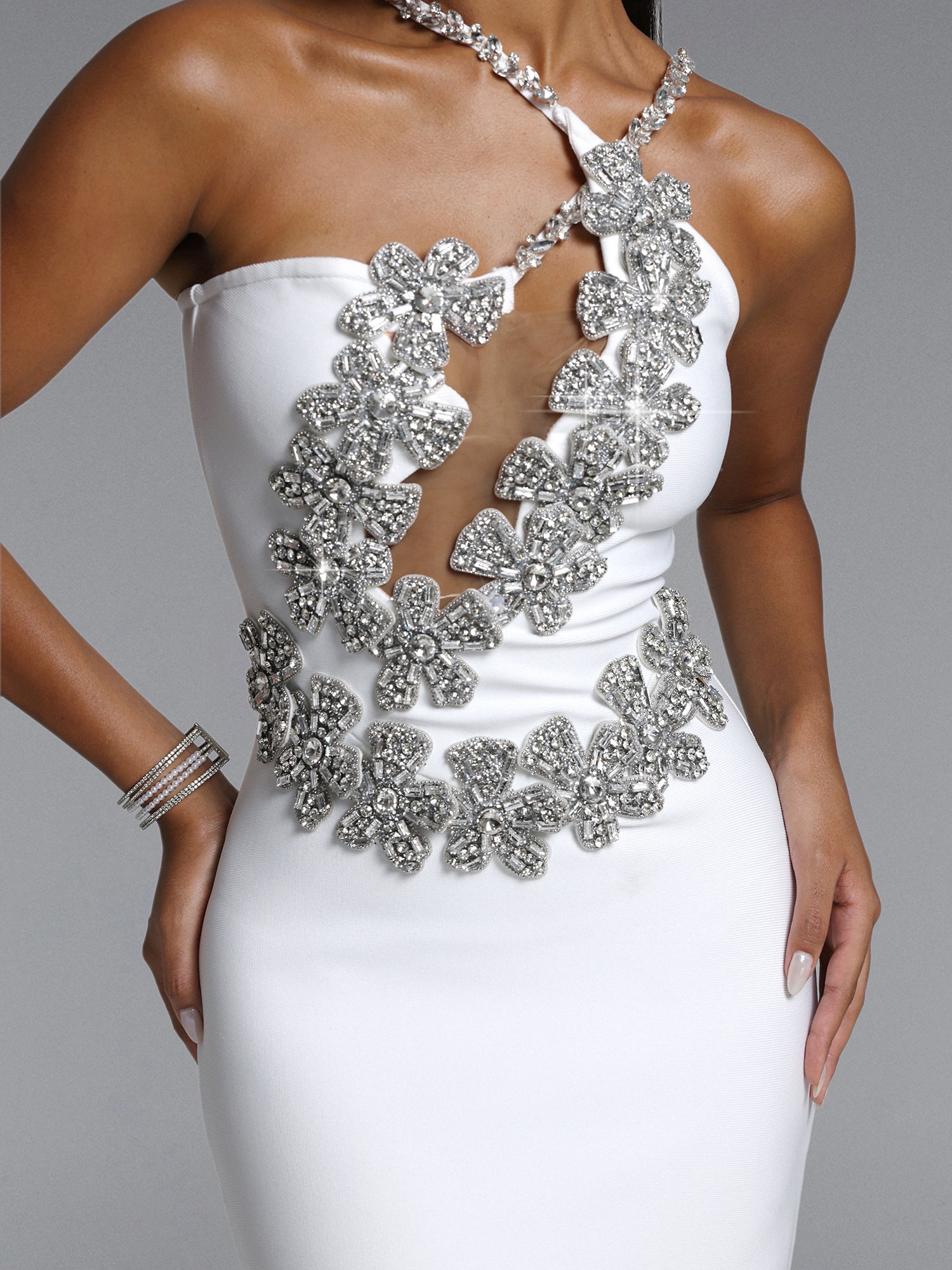 Veronic Contour Halter Cut Out Rhinestone Floral Bandage Maxi Dress