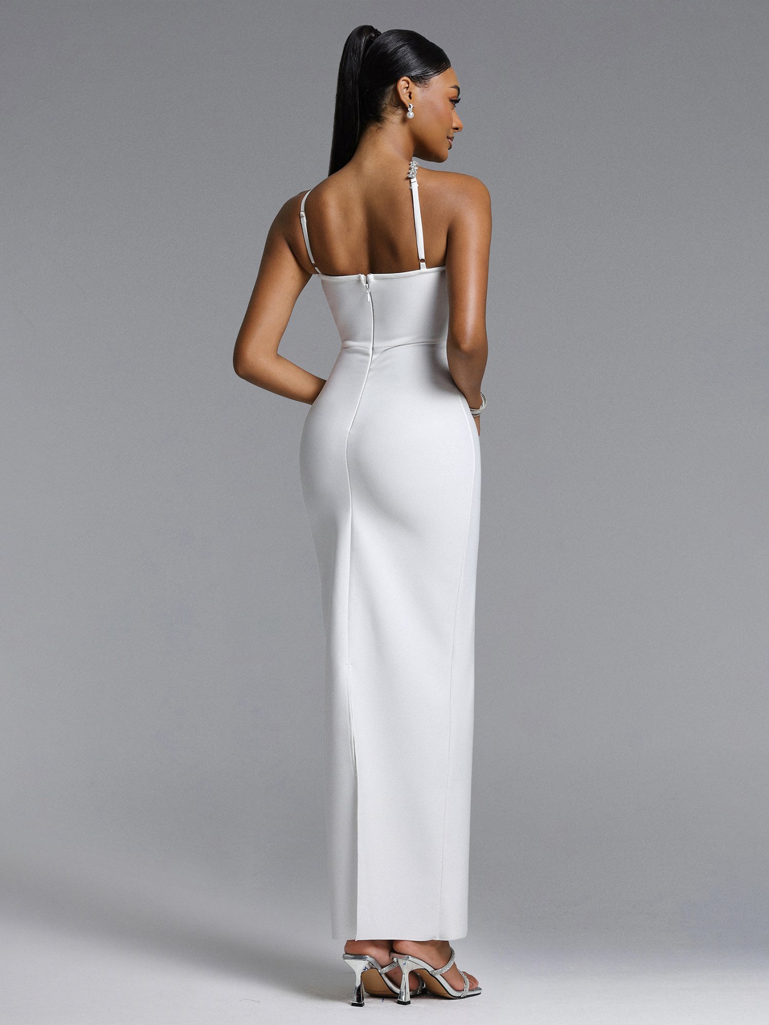 Veronic Contour Halter Cut Out Rhinestone Floral Bandage Maxi Dress