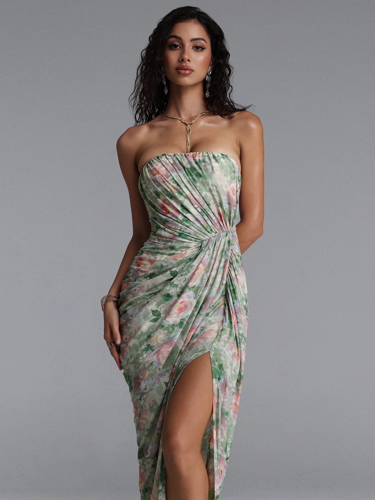 Vinly Contour Strapless High Slit Ruched Floral Print Mesh Maxi Dress