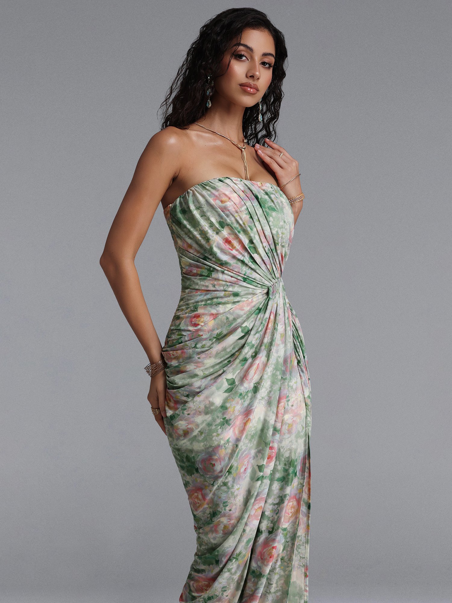 Vinly Contour Strapless High Slit Ruched Floral Print Mesh Maxi Dress