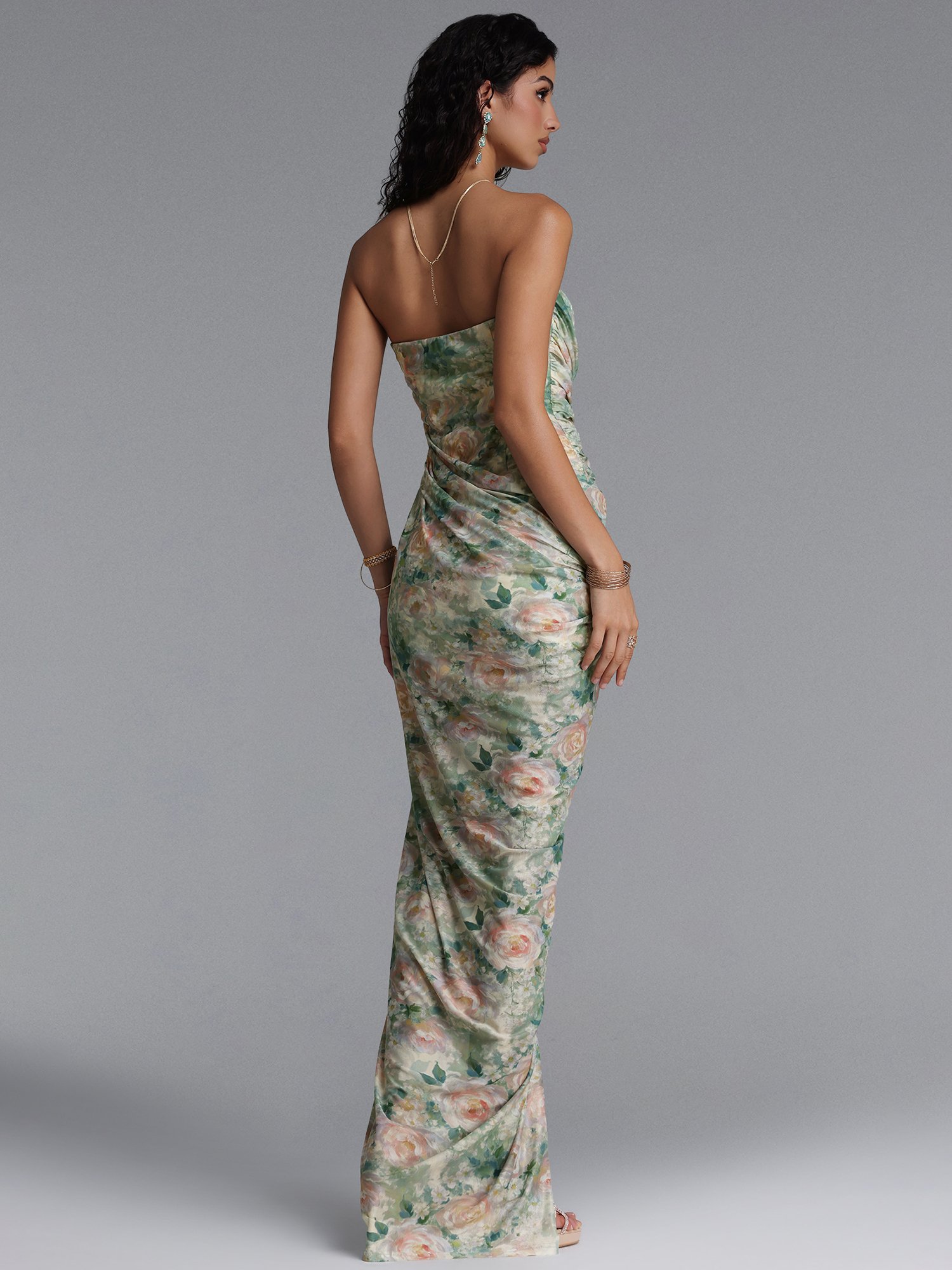 Vinly Contour Strapless High Slit Ruched Floral Print Mesh Maxi Dress