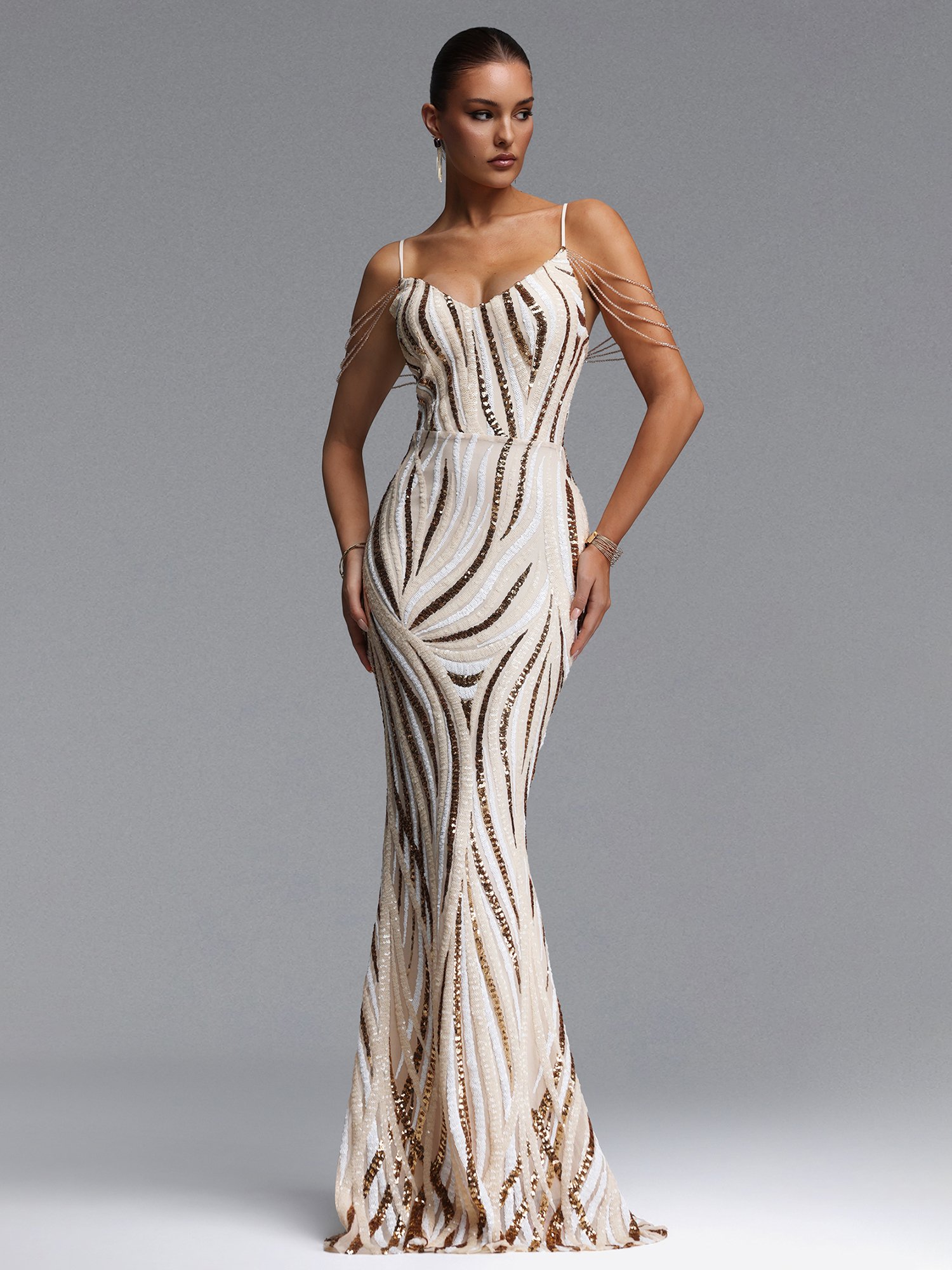Gemma Contour V Neck Sequin Stripe Maxi Dress