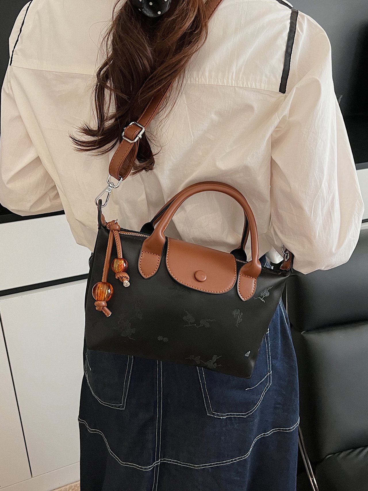 Brown Trim Crossbody Bag with Embossed Detail
