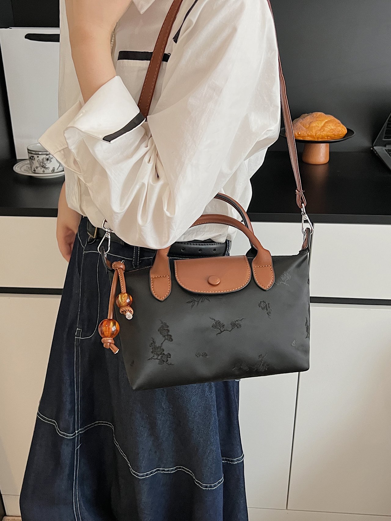 Brown Trim Crossbody Bag with Embossed Detail