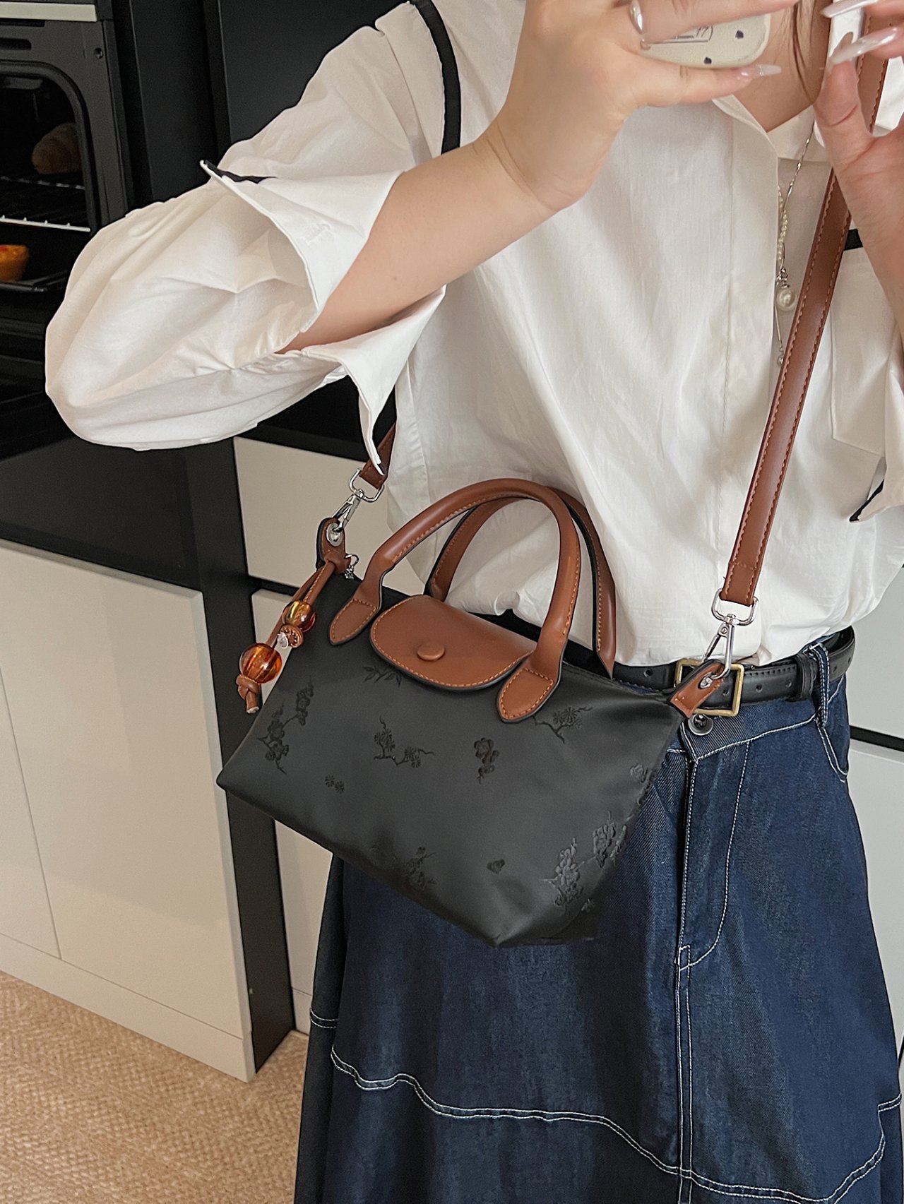 Brown Trim Crossbody Bag with Embossed Detail