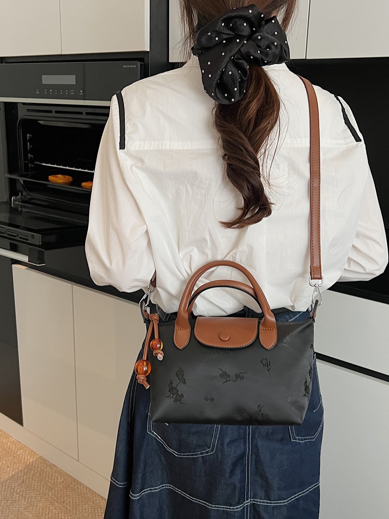 Brown Trim Crossbody Bag with Embossed Detail