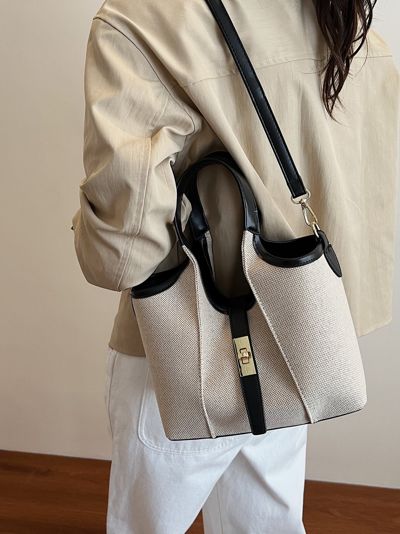 Black Trim Canvas Crossbody Bag with Strap