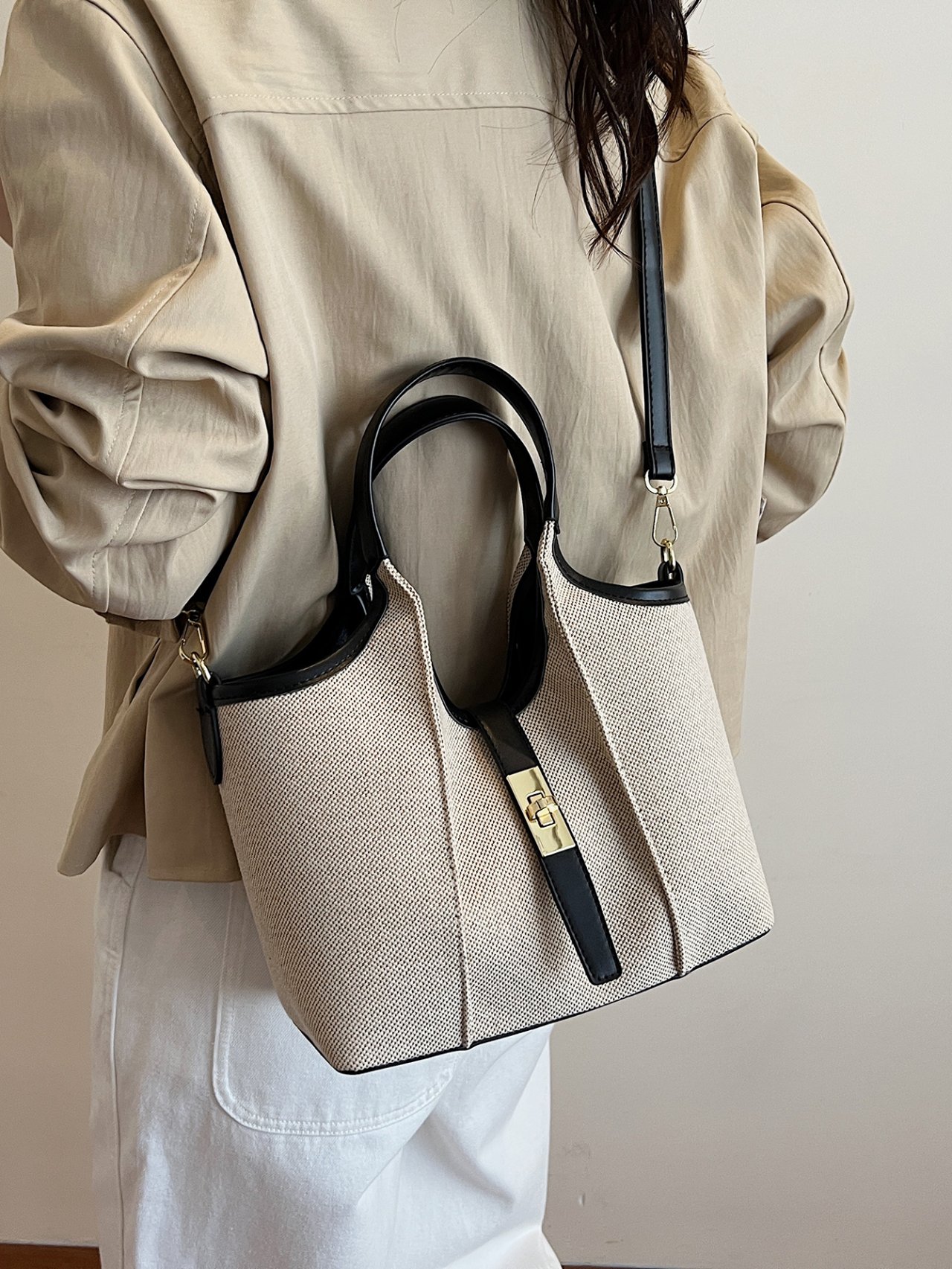 Black Trim Canvas Crossbody Bag with Strap