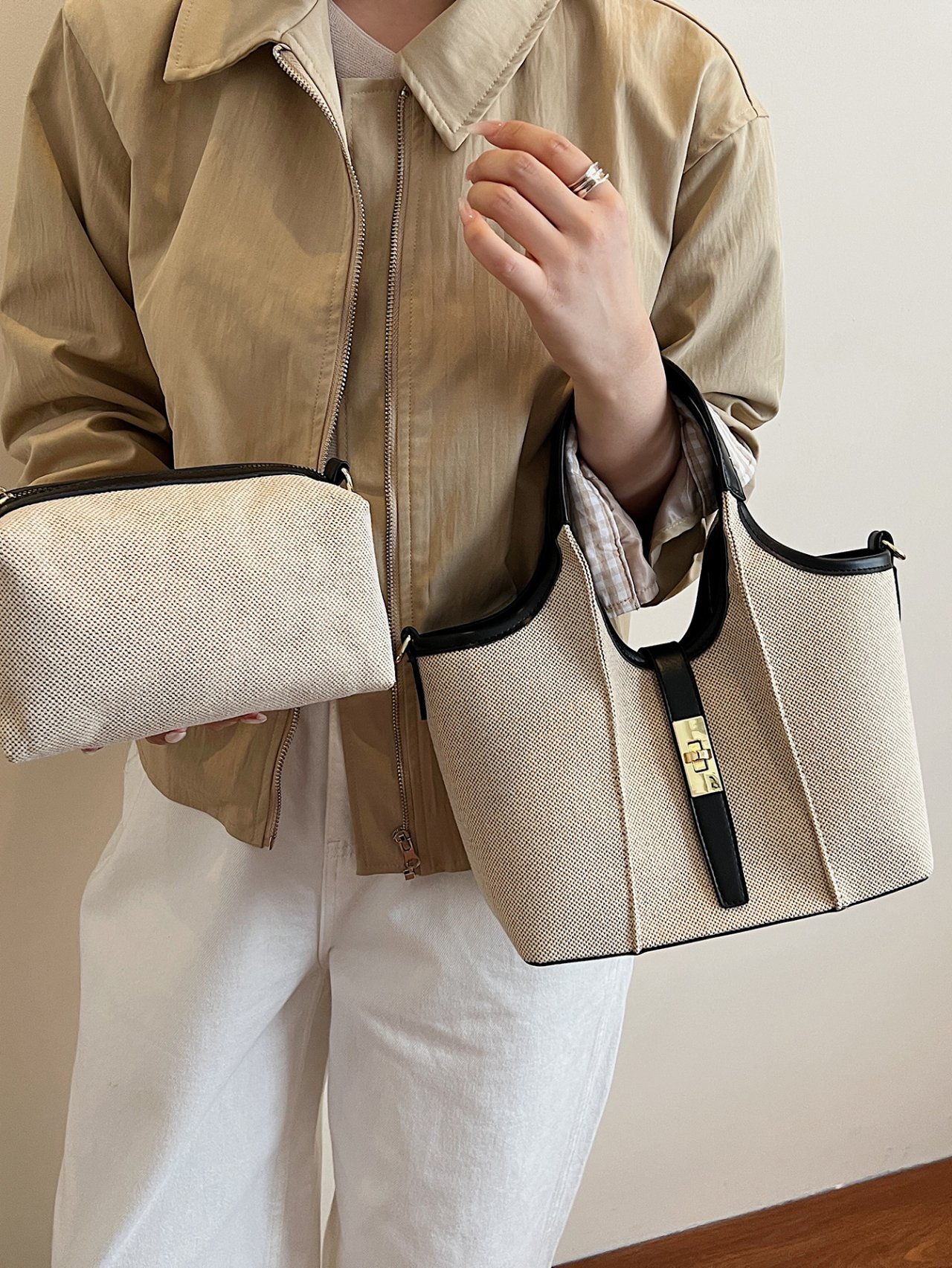 Black Trim Canvas Crossbody Bag with Strap