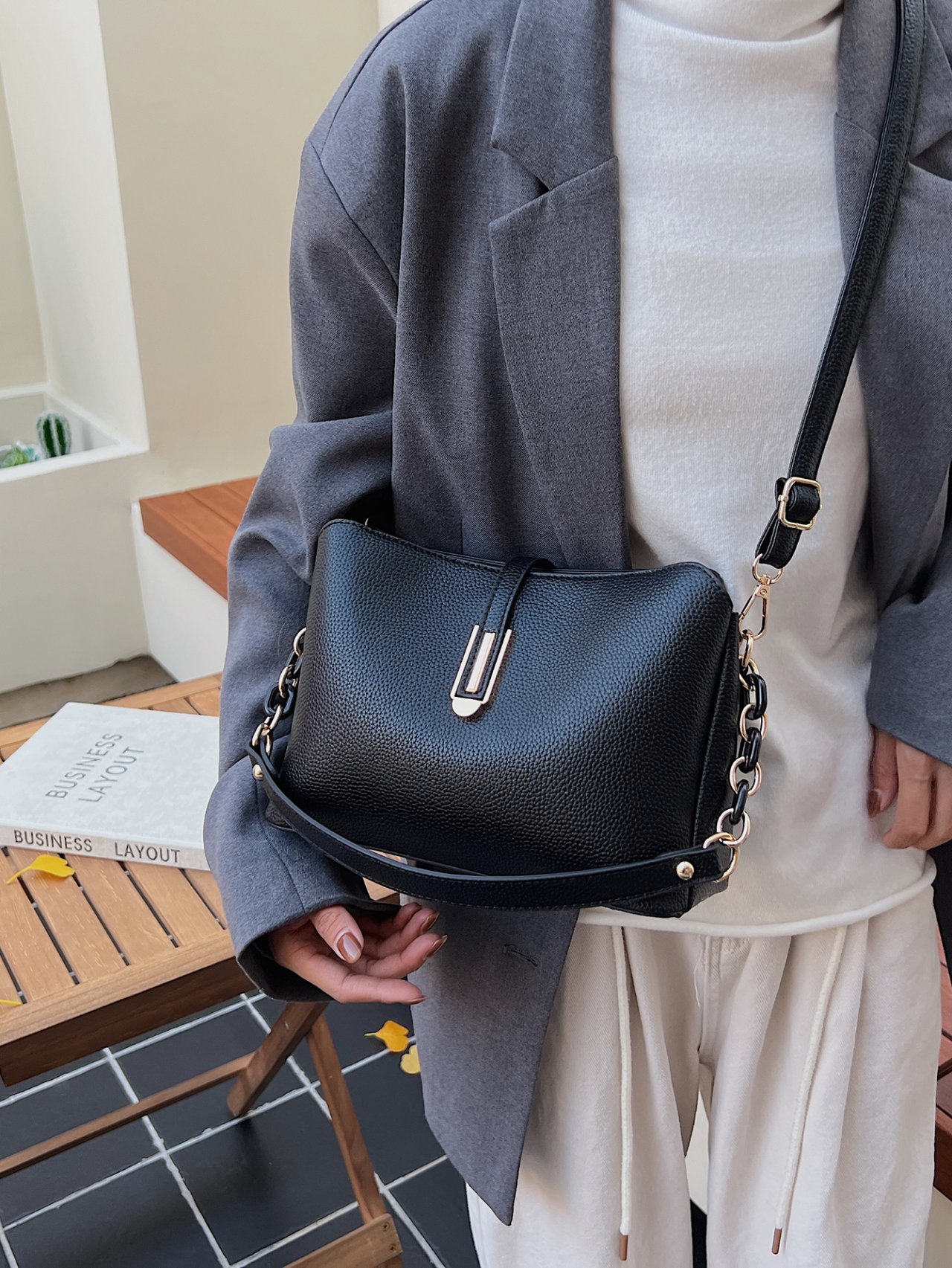 Black Leather Crossbody Bag with Gold Hardware