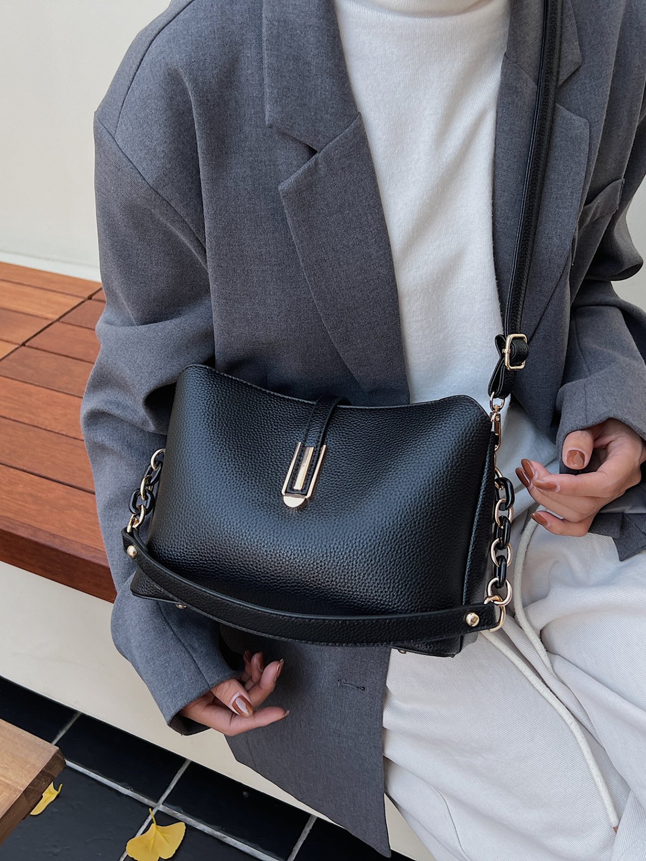 Black Leather Crossbody Bag with Gold Hardware