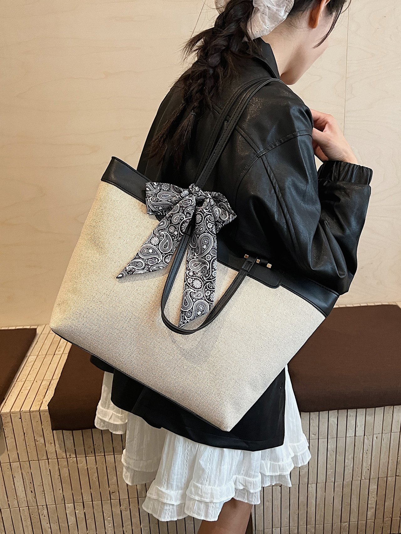 Beige Tote Bag with Paisley Scarf
